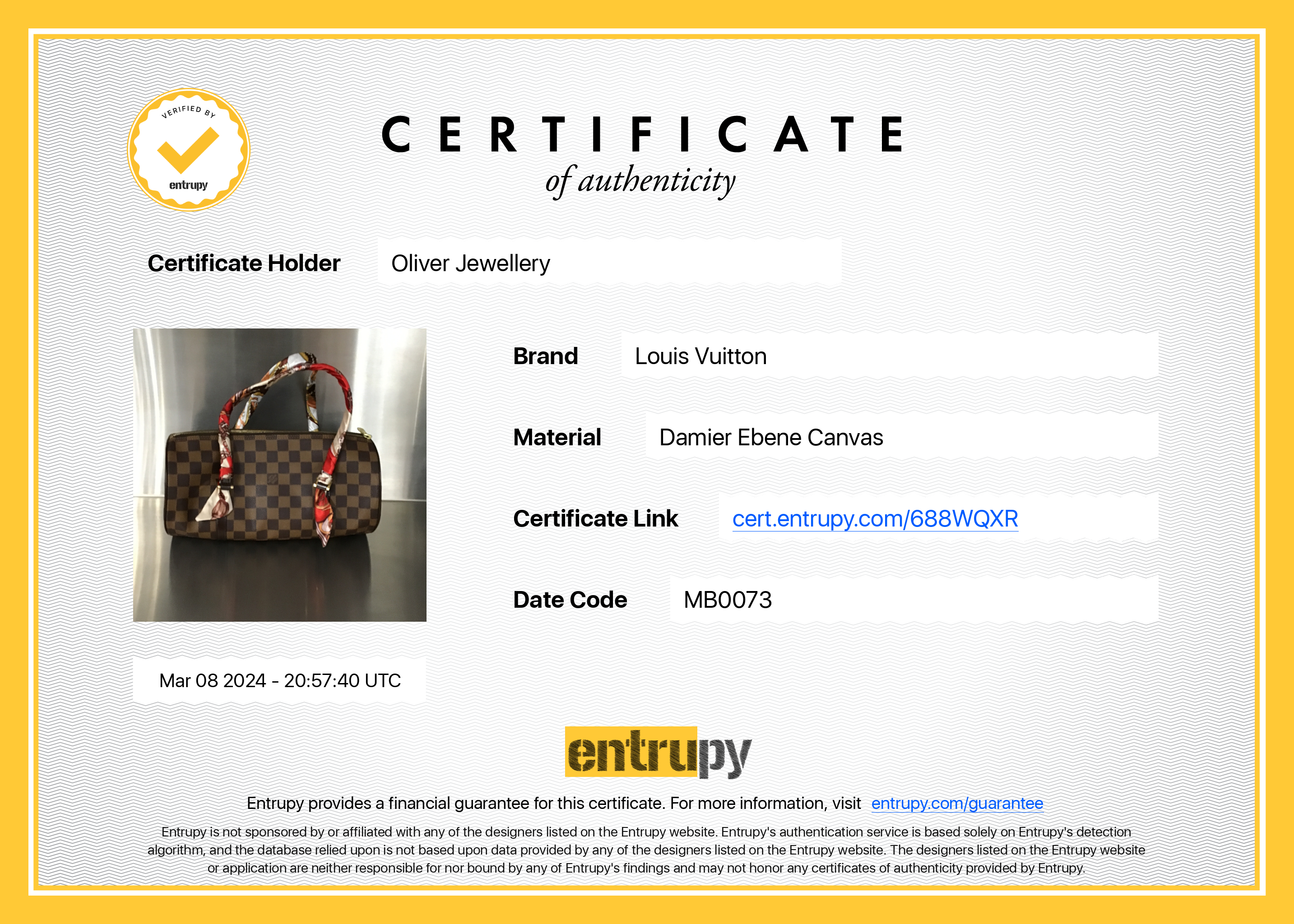 Louis Vuitton Damier Ebene Papillon 30 w/ Pouch