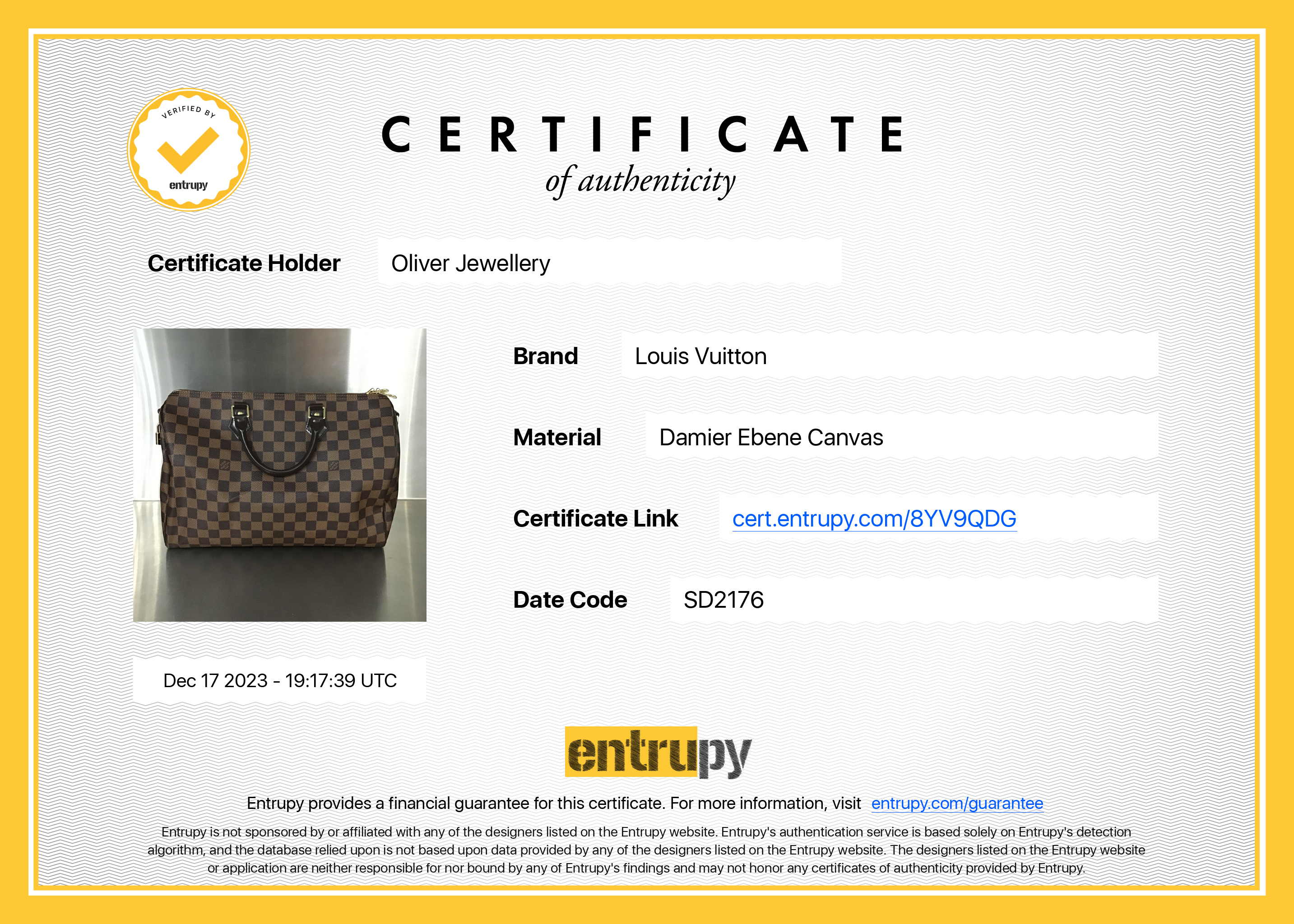 Louis Vuitton Damier Ebene Speedy Bandouliere 35 w/ Box & Receipt