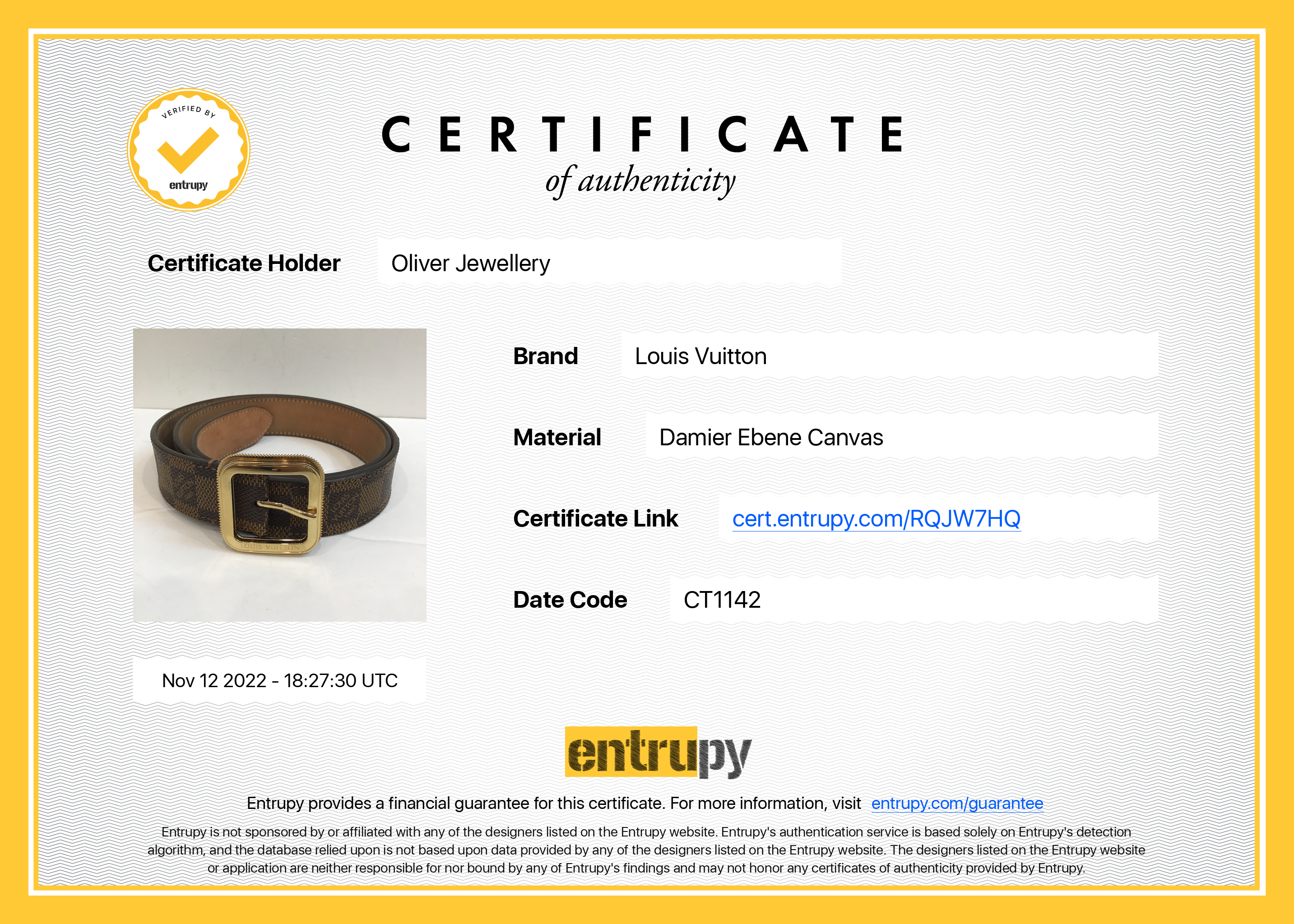 Louis Vuitton Damier Ebene Tresor 30 MM Belt