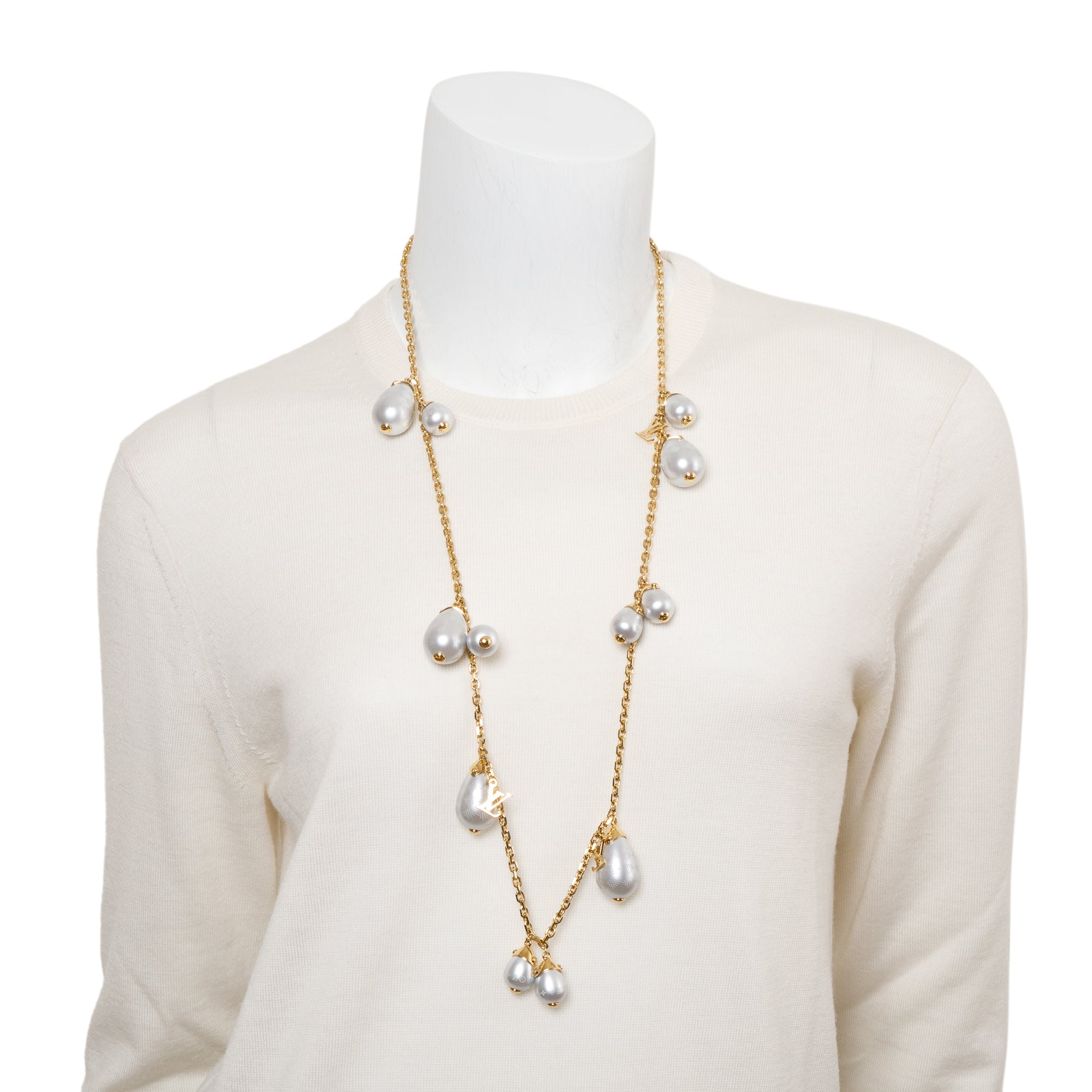 Louis Vuitton Gold-Plated Faux Pearl Damier Monogram Station Necklace