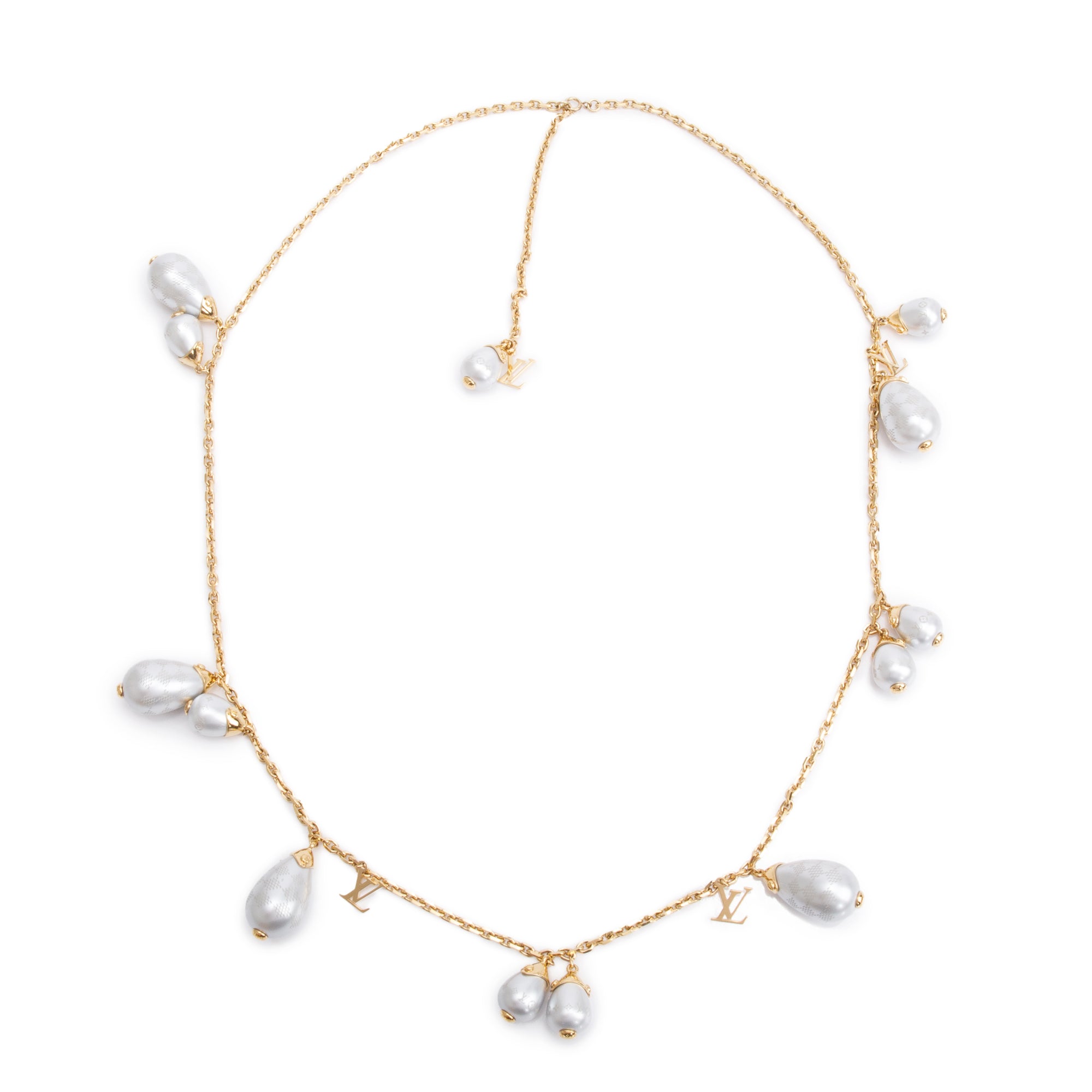Louis Vuitton Gold-Plated Faux Pearl Damier Monogram Station Necklace