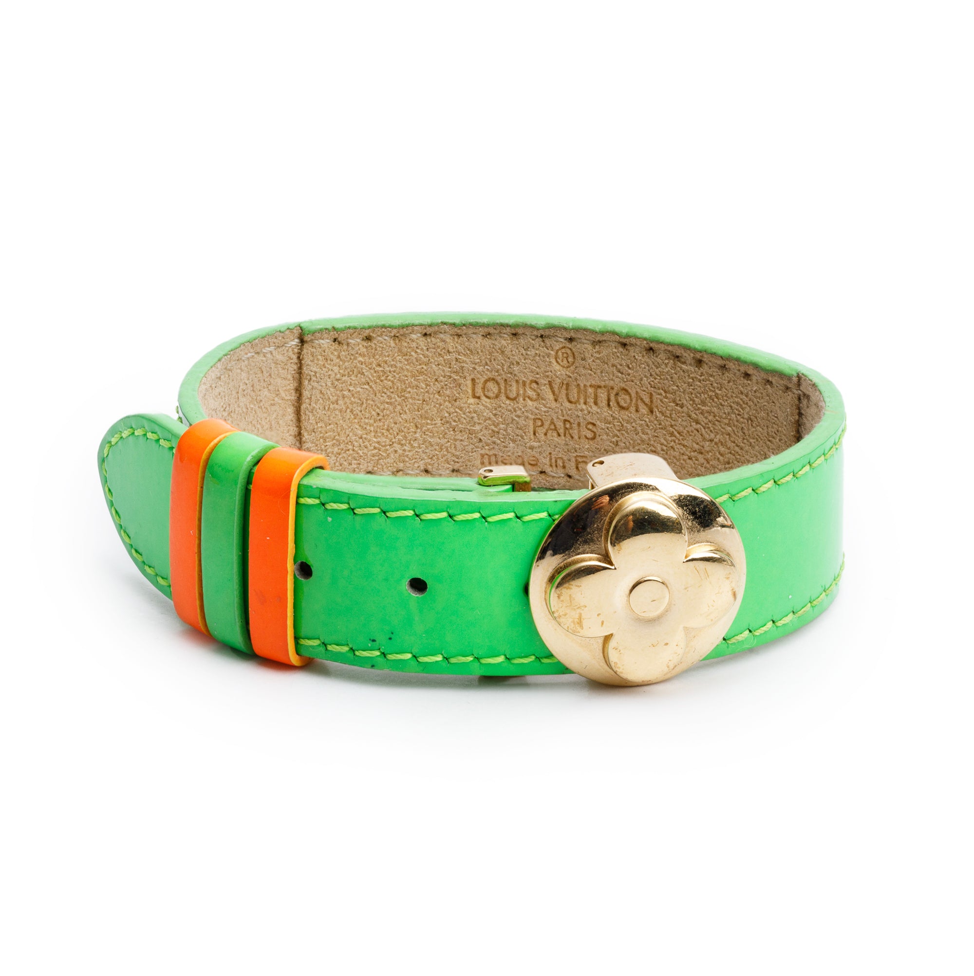 Louis Vuitton Gold Plated Green Vernis Leather Wish Bracelet