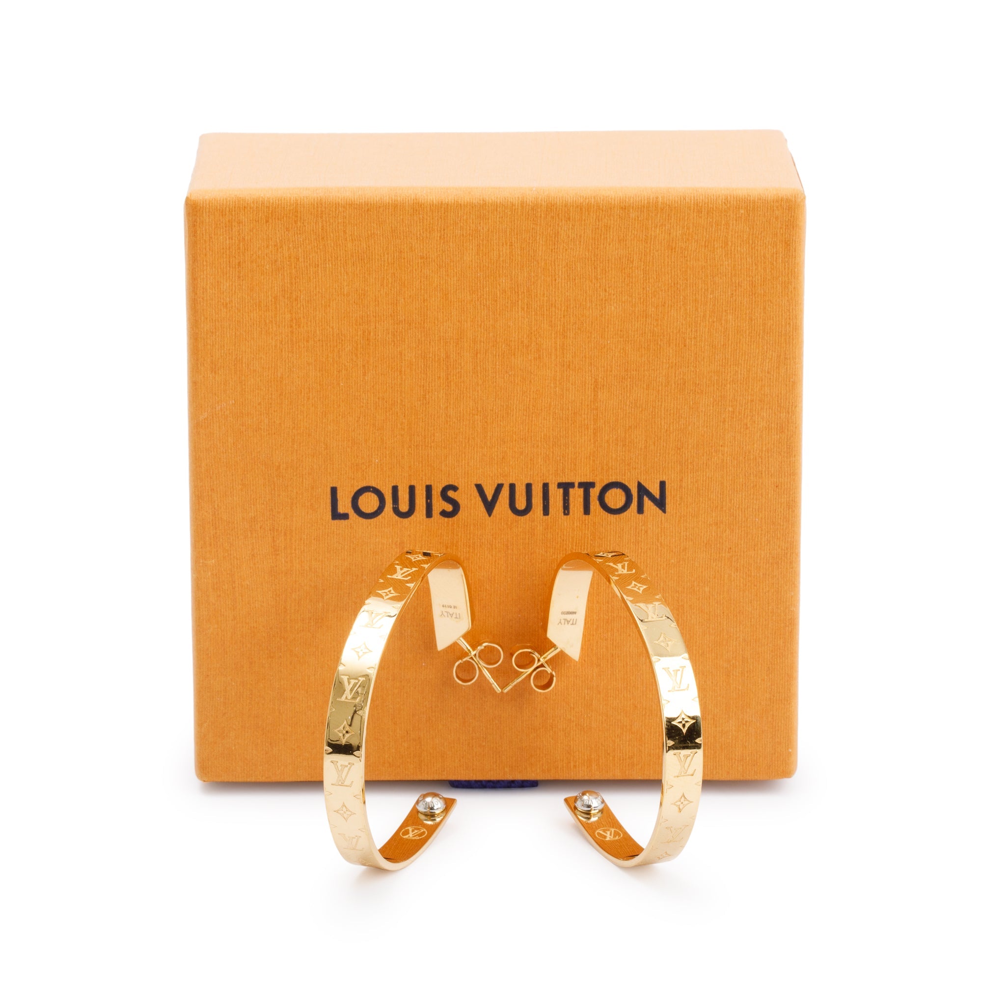 Louis Vuitton Gold-Plated Nanogram Hoop Earrings w/ Box