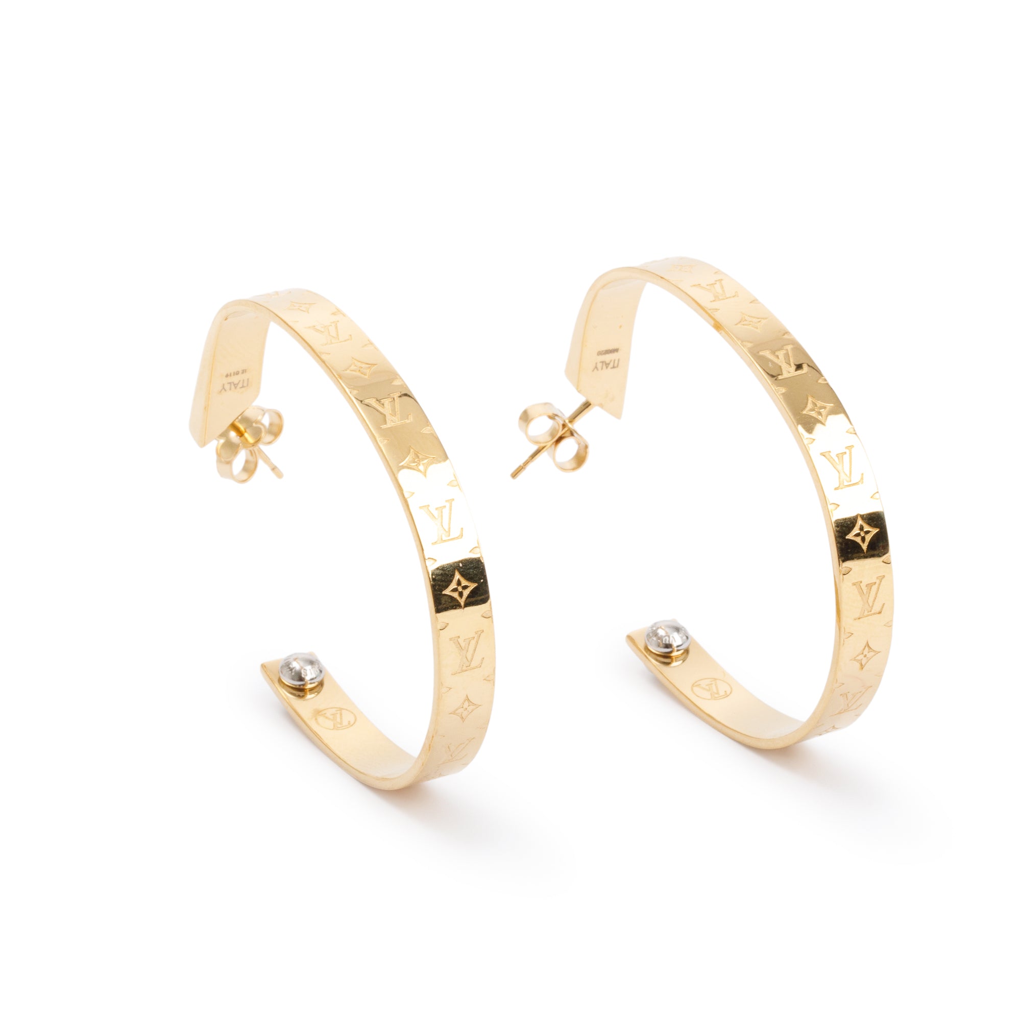 Louis Vuitton Gold-Plated Nanogram Hoop Earrings w/ Box