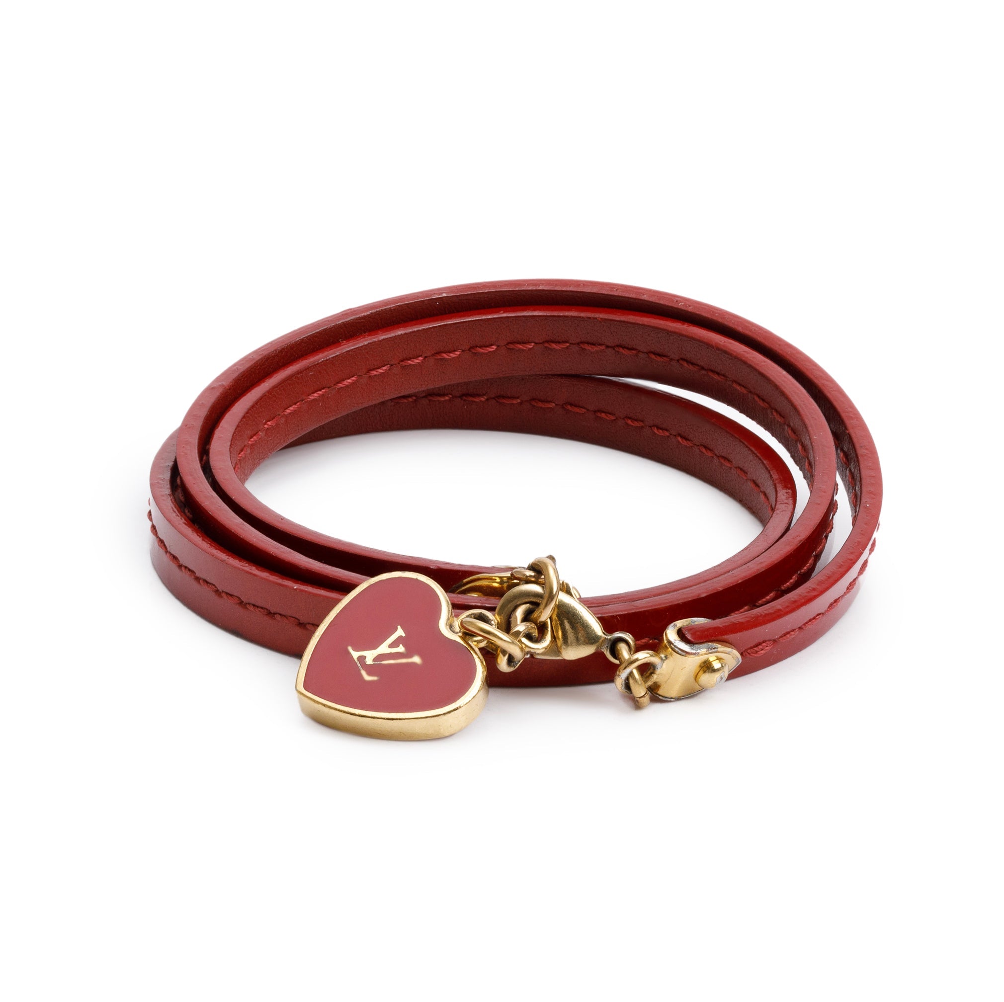 Louis Vuitton Gold Plated Red Patent Leather Enamel Heart Commit Wrap Bracelet