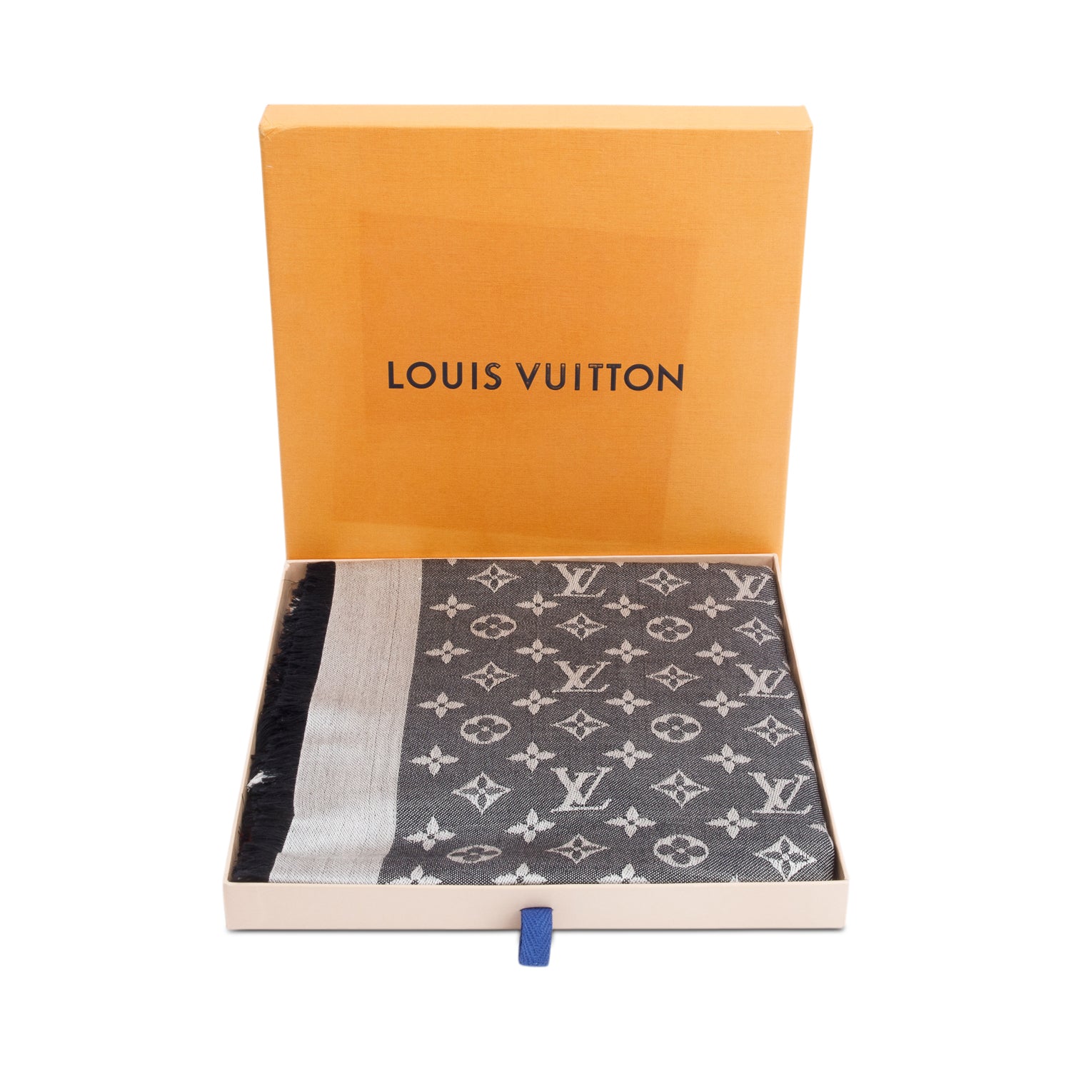 Louis Vuitton Grey/ Black Monogram Denim Shine Shawl Scarf w/ Box