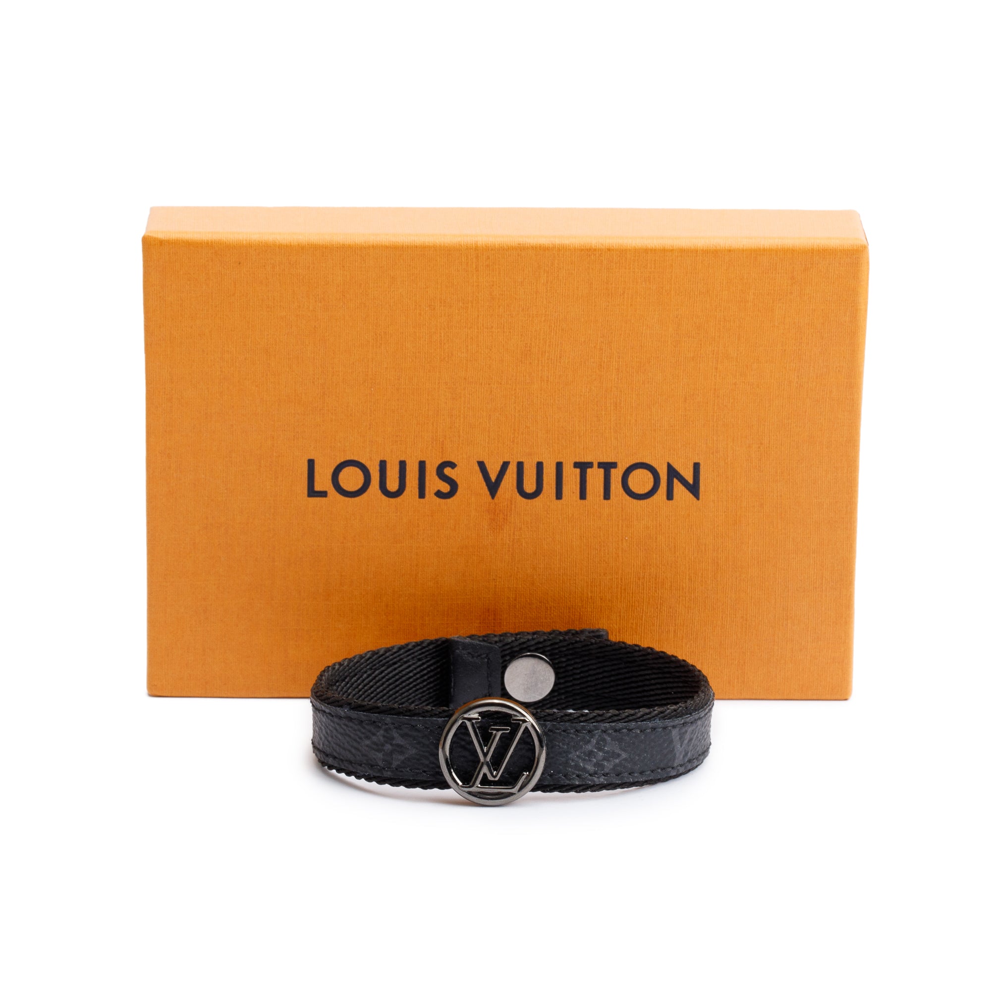 Louis Vuitton Monogram Eclipse & Black Leather Circle Bracelet w/ Box (BROKEN)