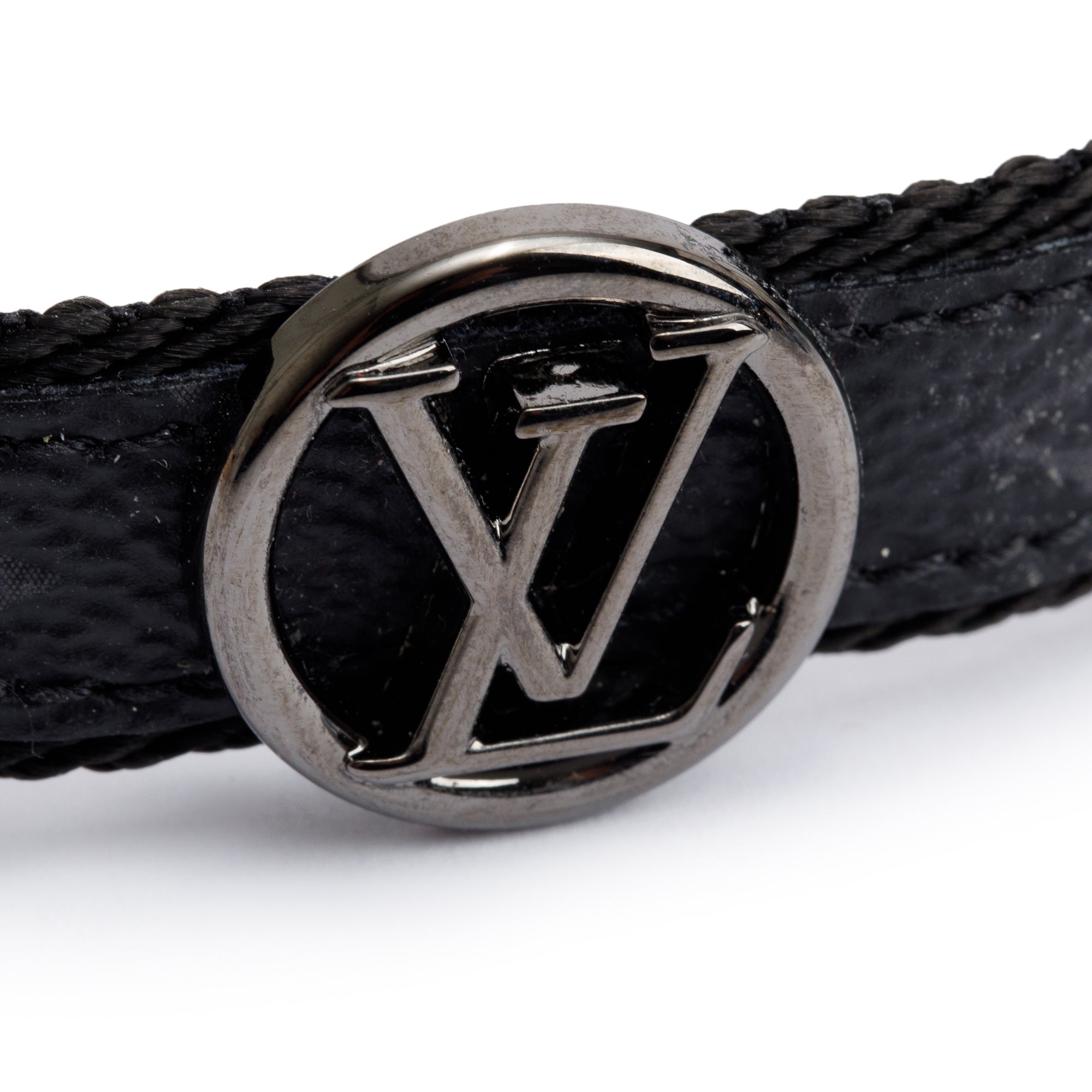 Louis Vuitton Monogram Eclipse & Black Leather Circle Bracelet w/ Box (BROKEN)