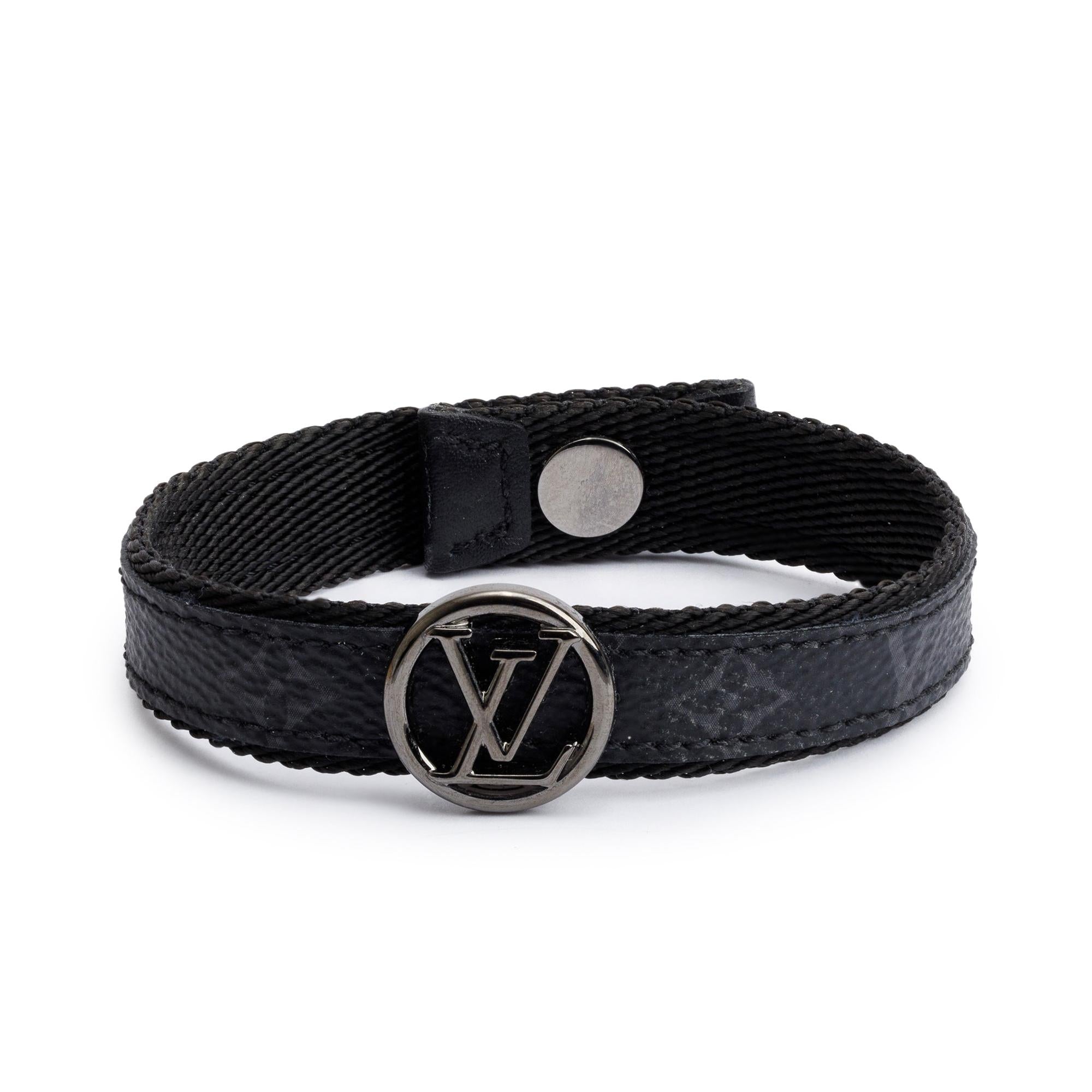 Louis Vuitton Monogram Eclipse & Black Leather Circle Bracelet w/ Box (BROKEN)