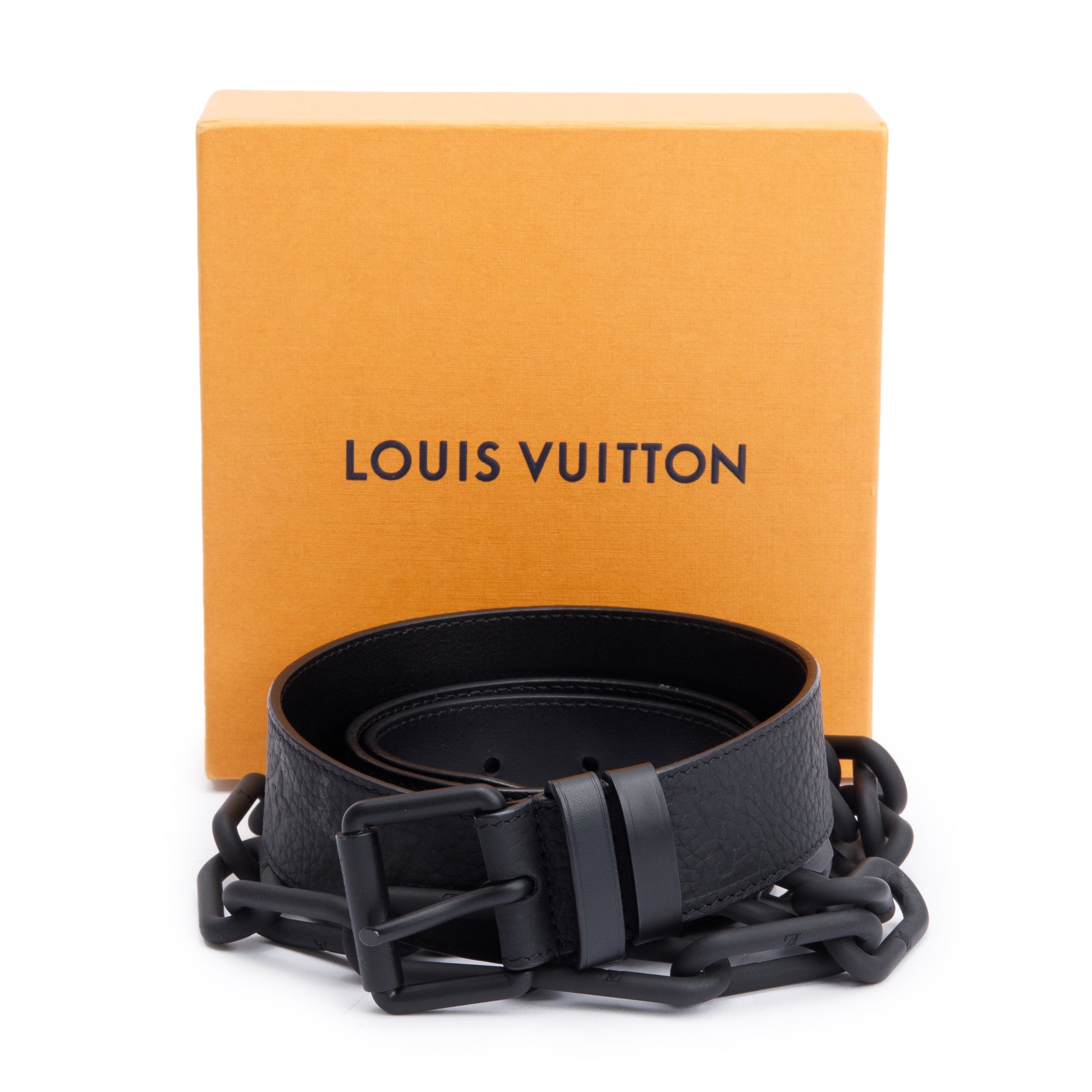 Louis Vuitton Monogram Taurillon Leather Signature Chain 35 MM Belt, Size 85 34 w/ Box