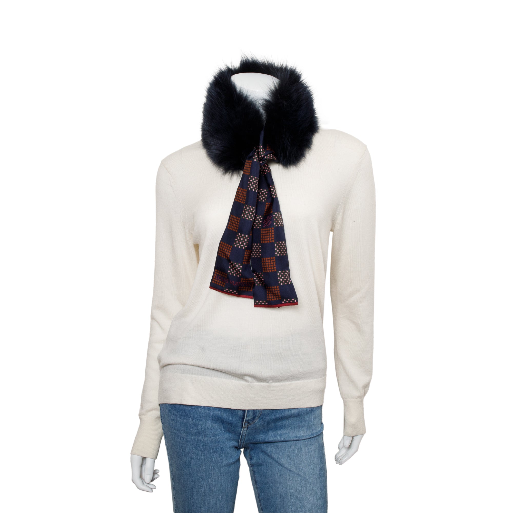 Louis Vuitton Navy Fox Fur Damier Silk Stole Scarf w/ Box