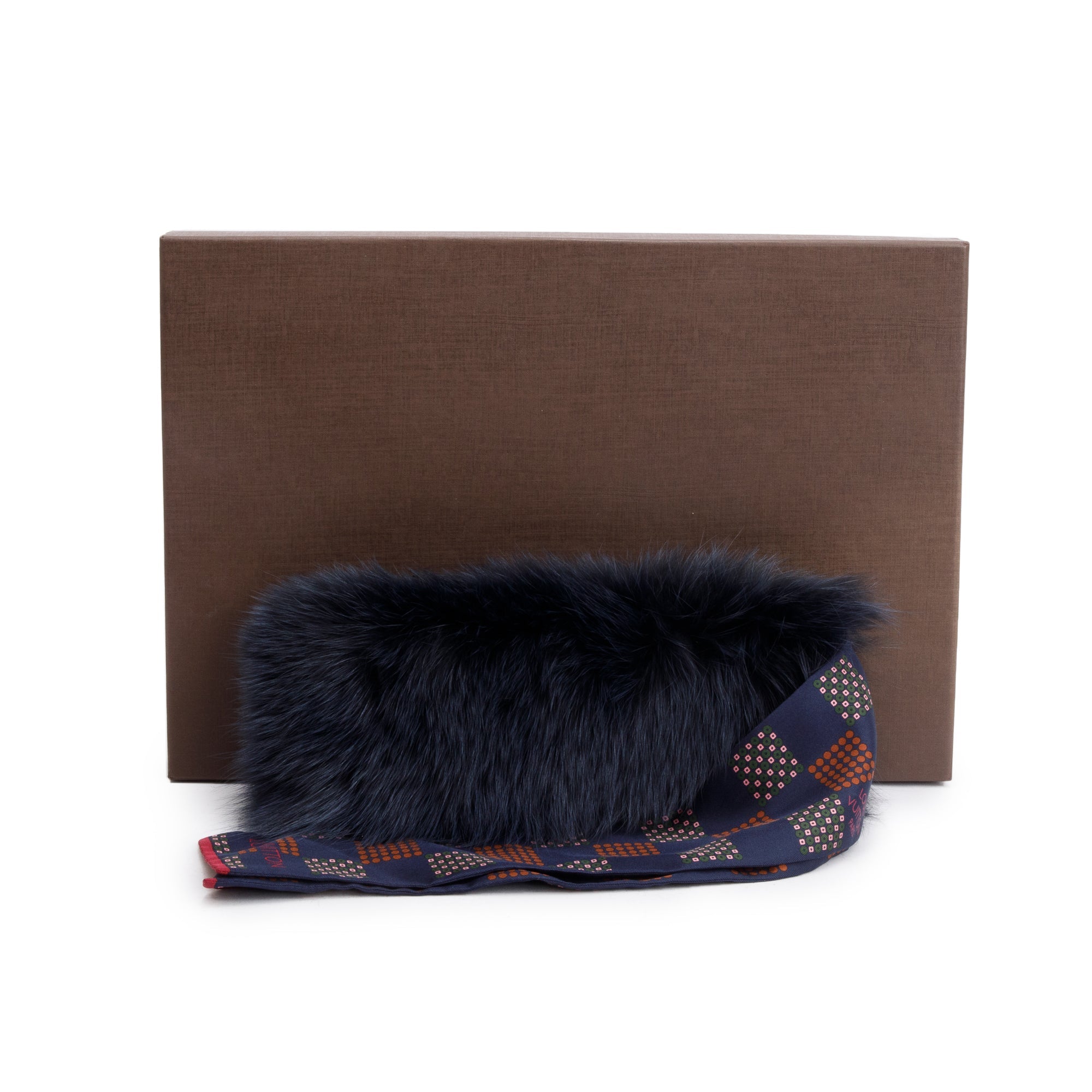 Louis Vuitton Navy Fox Fur Damier Silk Stole Scarf w/ Box