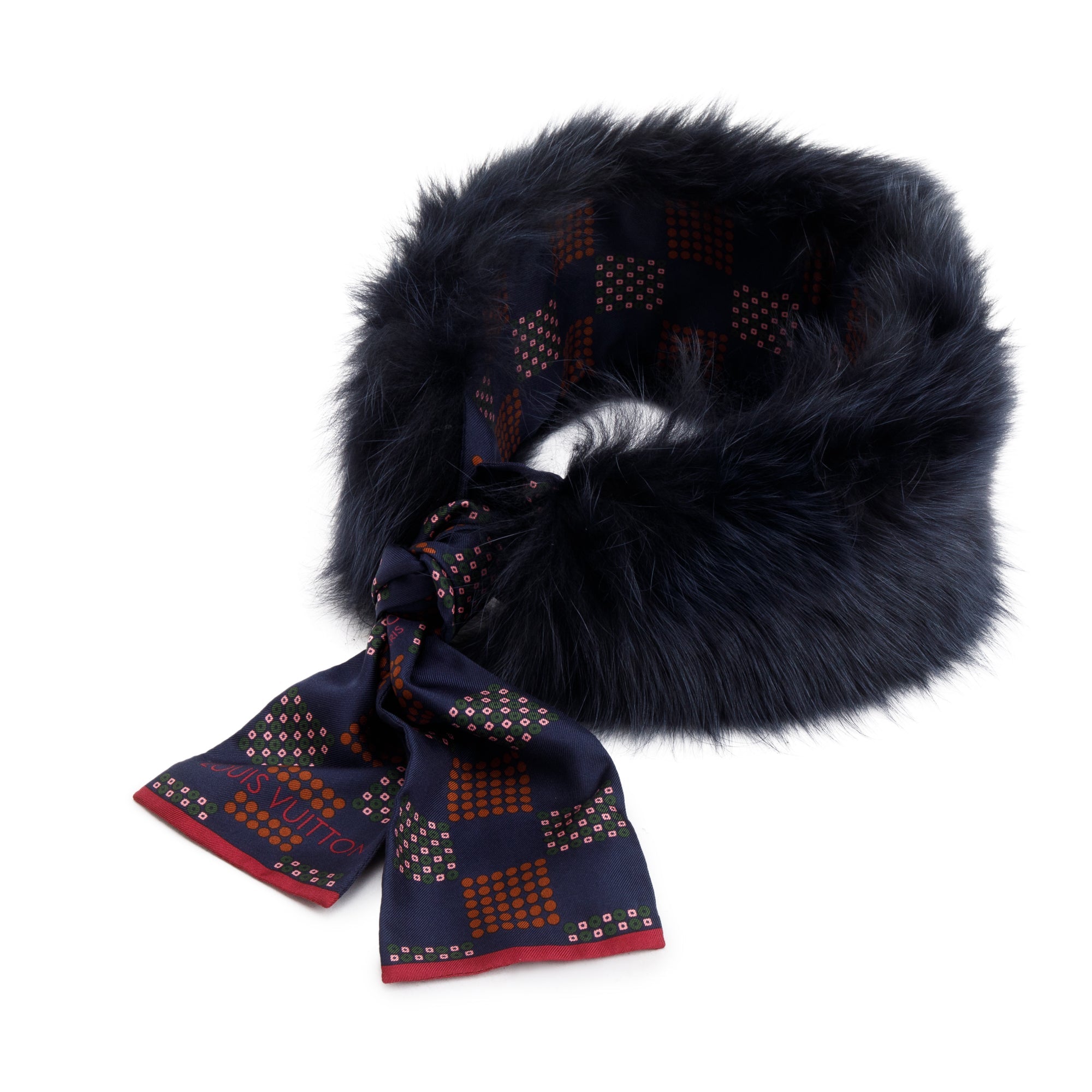 Louis Vuitton Navy Fox Fur Damier Silk Stole Scarf w/ Box