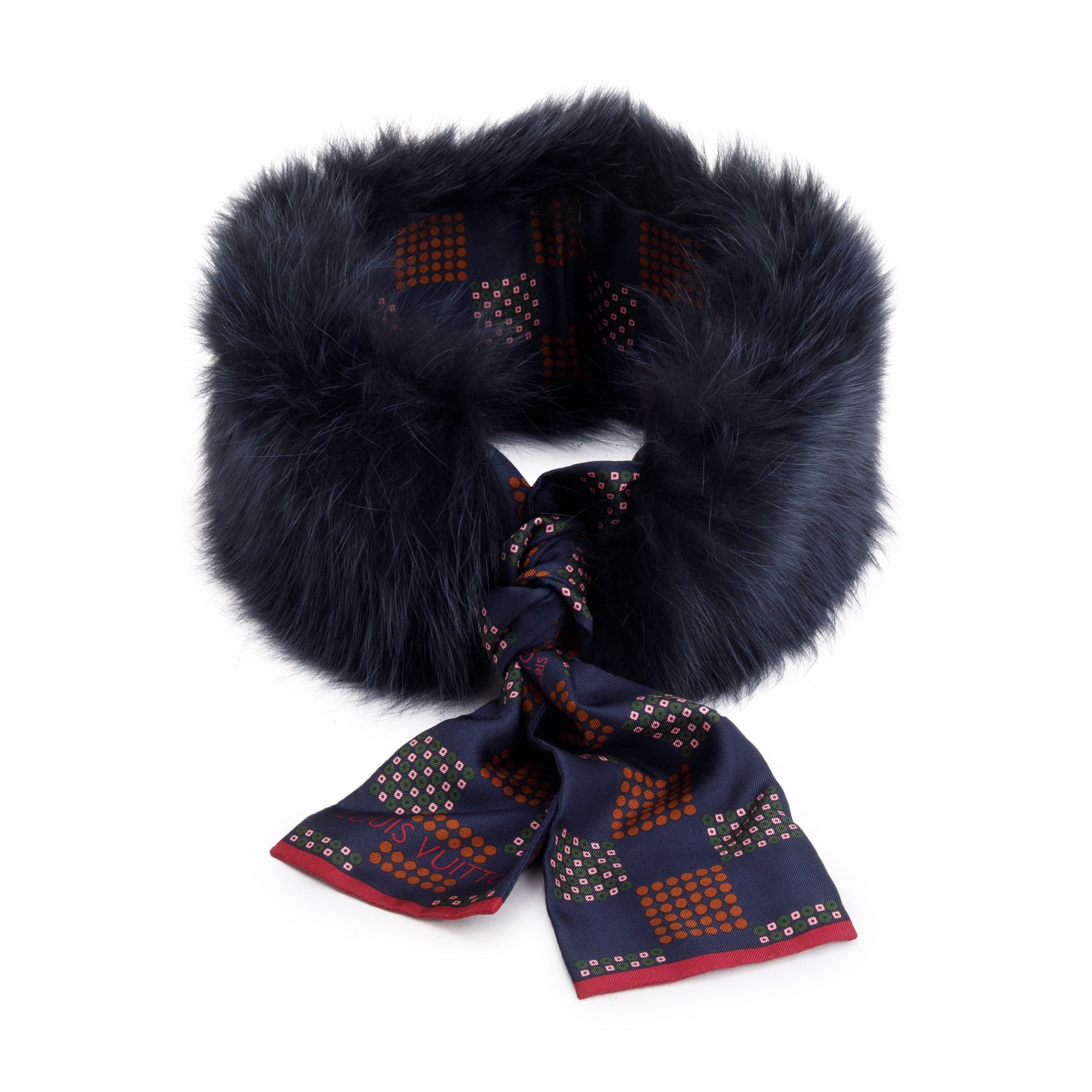 Louis Vuitton Navy Fox Fur Damier Silk Stole Scarf w/ Box