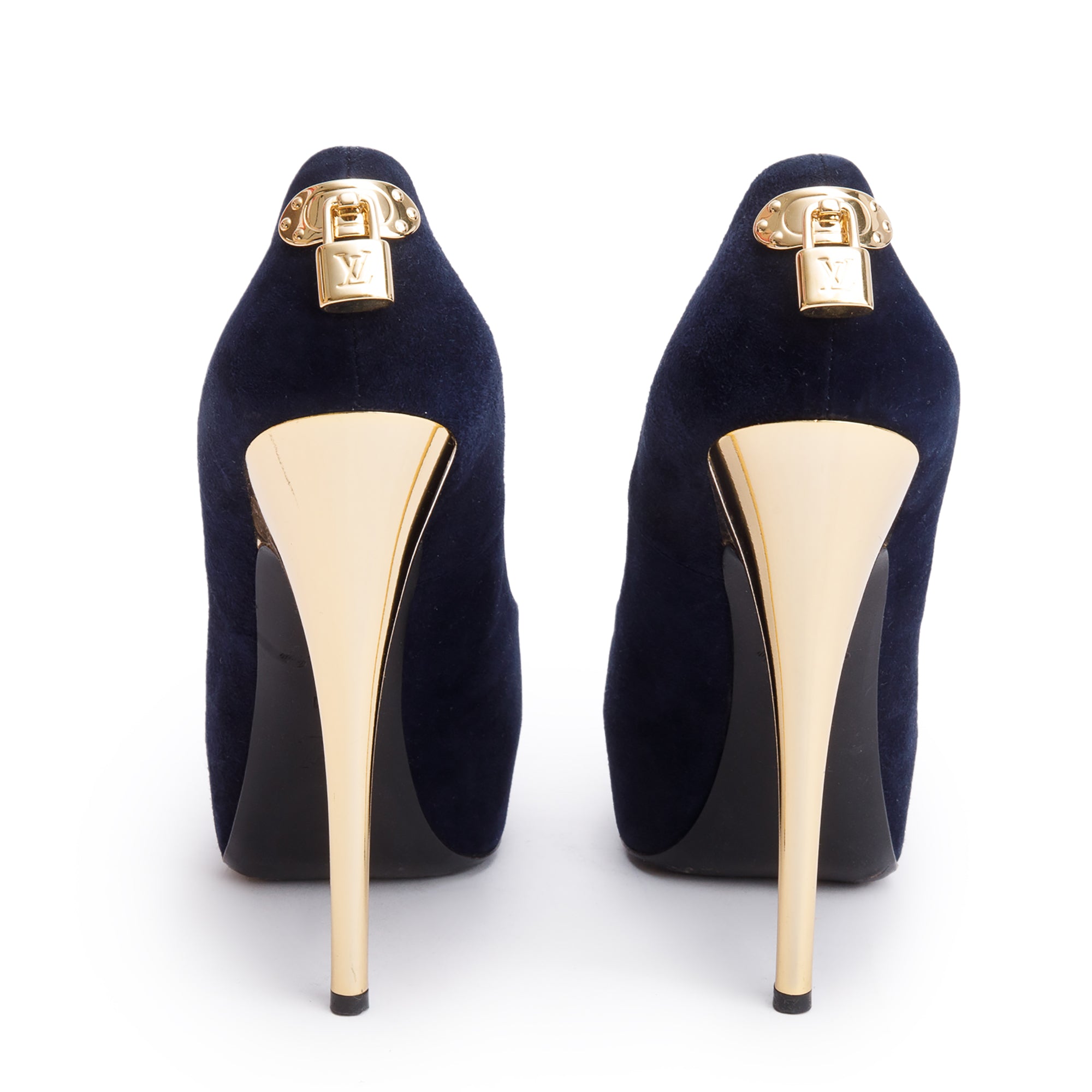 Louis Vuitton Navy Suede Gold Heel Oh Really Peep Toe Pumps, Size 41