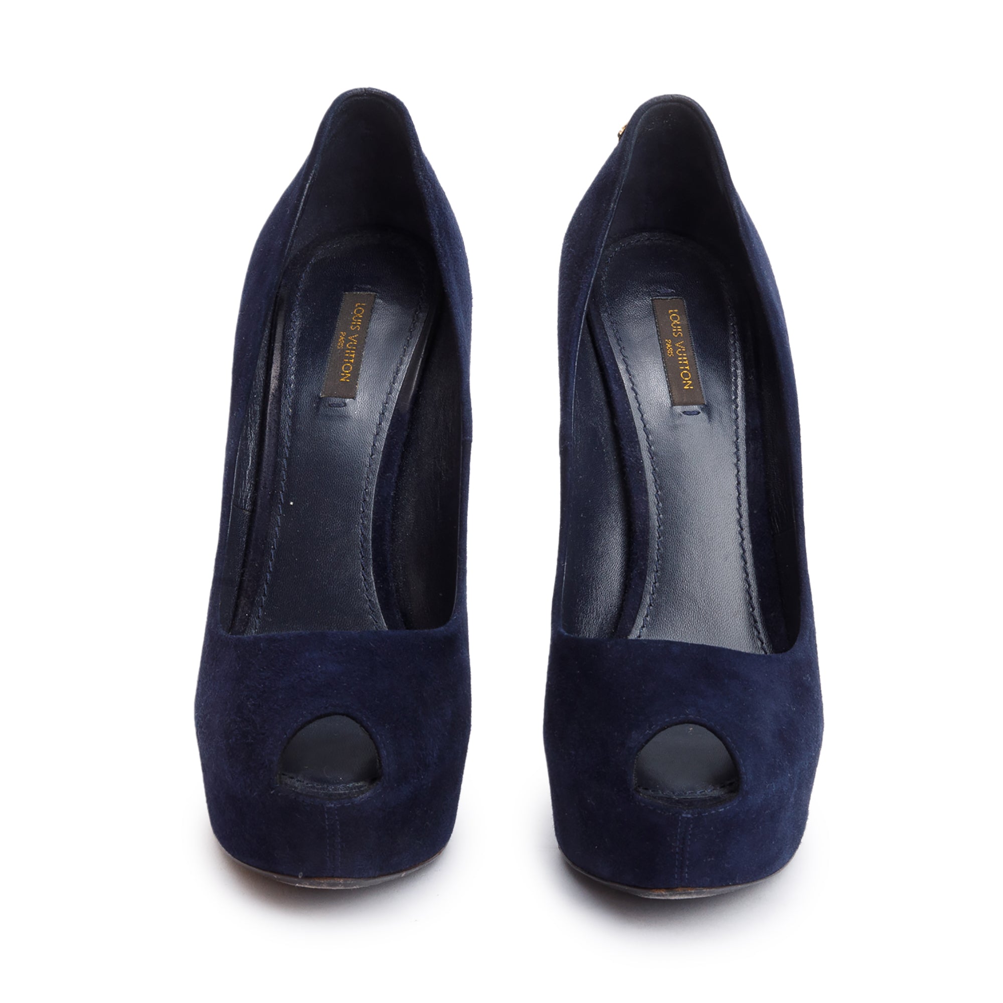 Louis Vuitton Navy Suede Gold Heel Oh Really Peep Toe Pumps, Size 41
