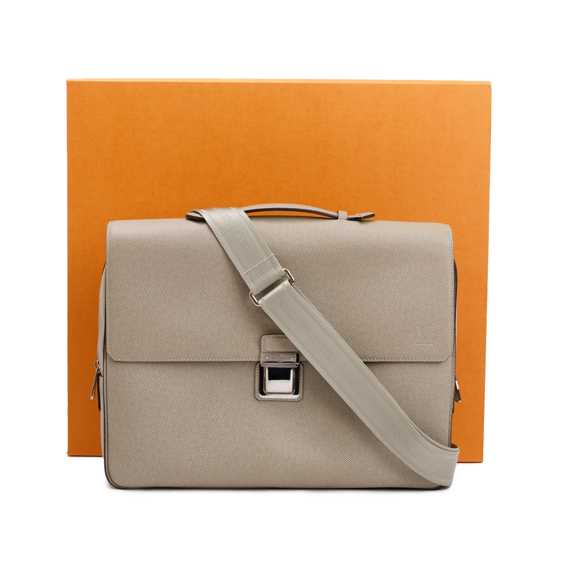 Louis Vuitton Neutral Taiga Leather Vassili PM Briefcase Bag w/ Strap, Box & Receipt