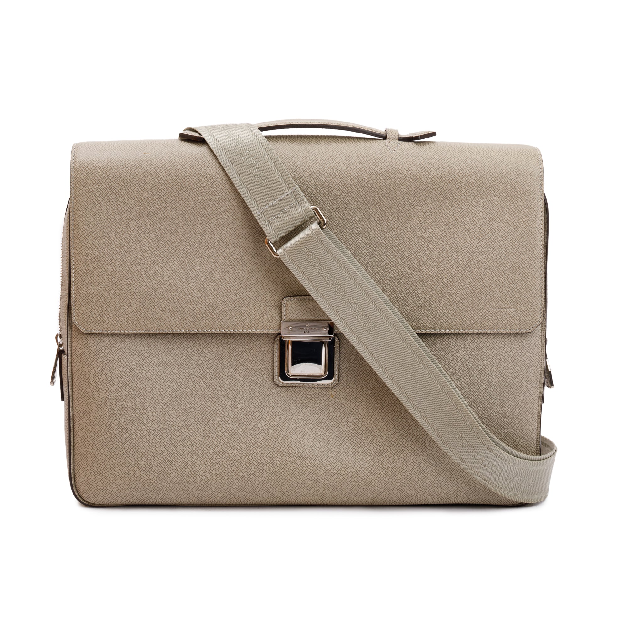 Louis Vuitton Neutral Taiga Leather Vassili PM Briefcase Bag w/ Strap, Box & Receipt