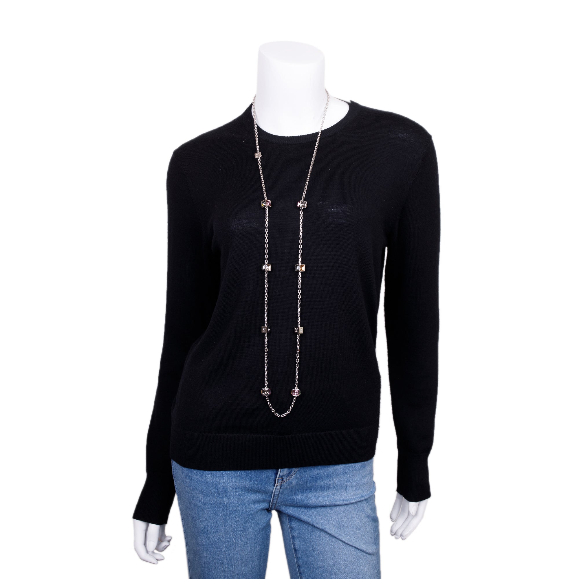 Louis Vuitton Palladium Plated Crystal Gamble Long Necklace w/ Box
