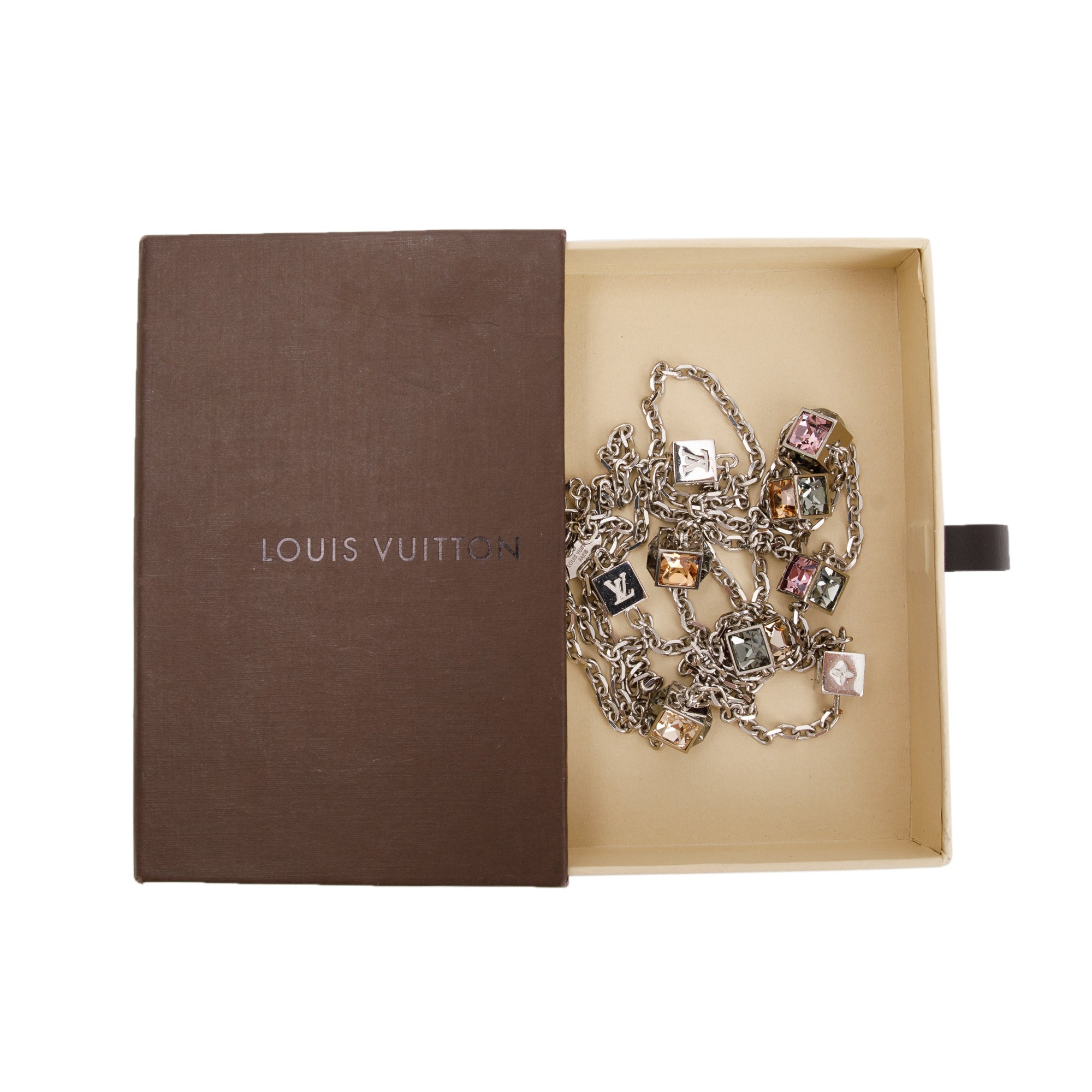Louis Vuitton Palladium Plated Crystal Gamble Long Necklace w/ Box