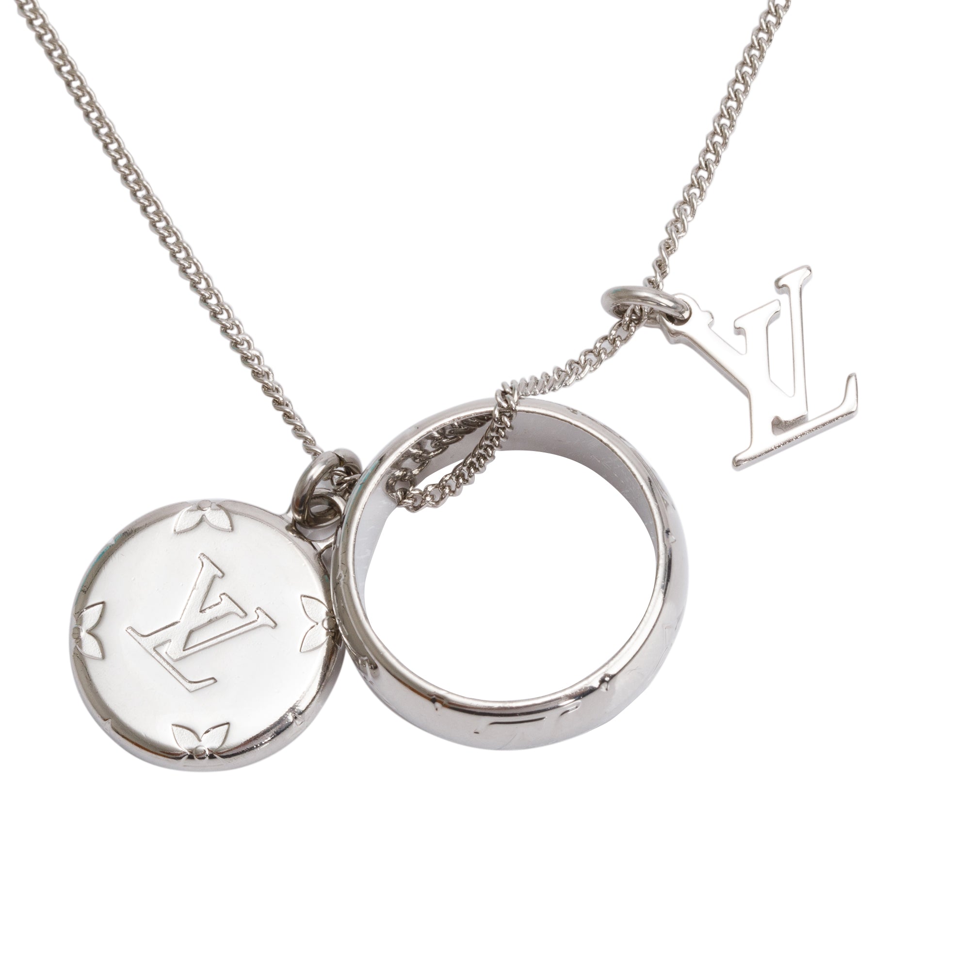 Louis Vuitton Palladium-Plated Monogram Charms Pendant Necklace w/ Box