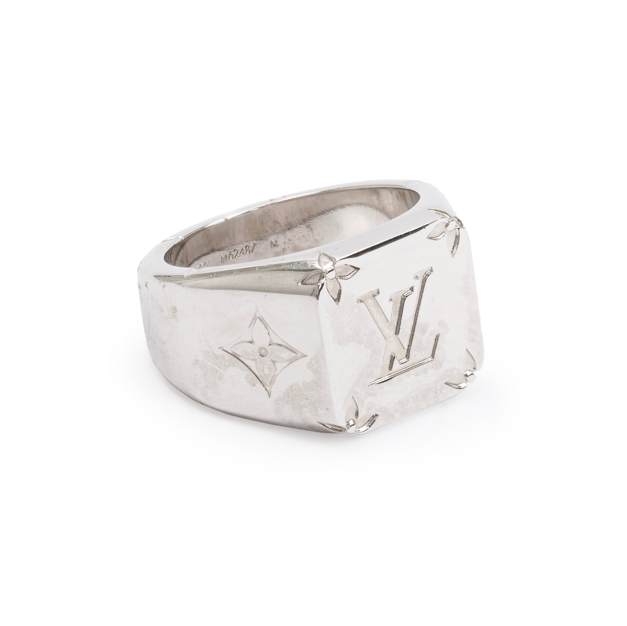 Louis Vuitton Palladium Plated Monogram Signet Ring, Size M 9