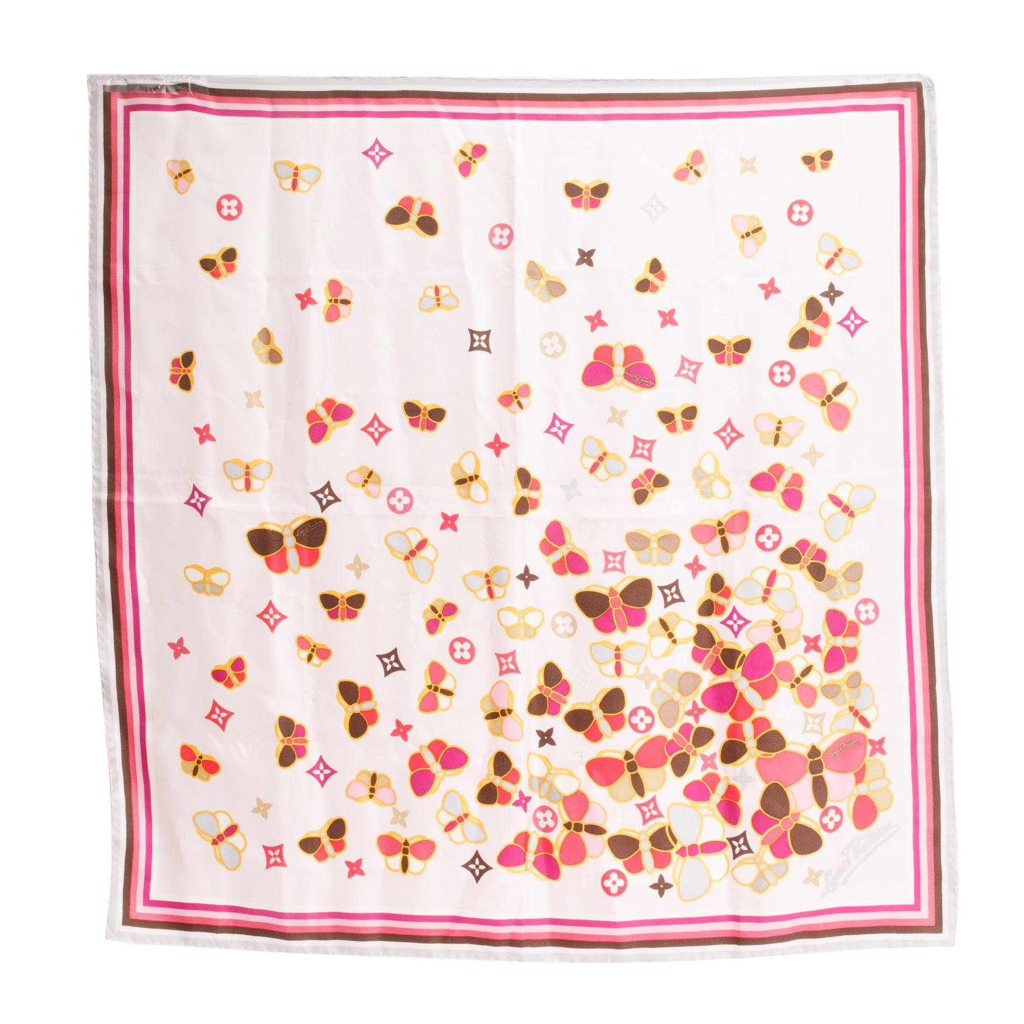 Louis Vuitton Pink Monogram Multicolor Butterfly Motif Square Silk Scarf w/ Box