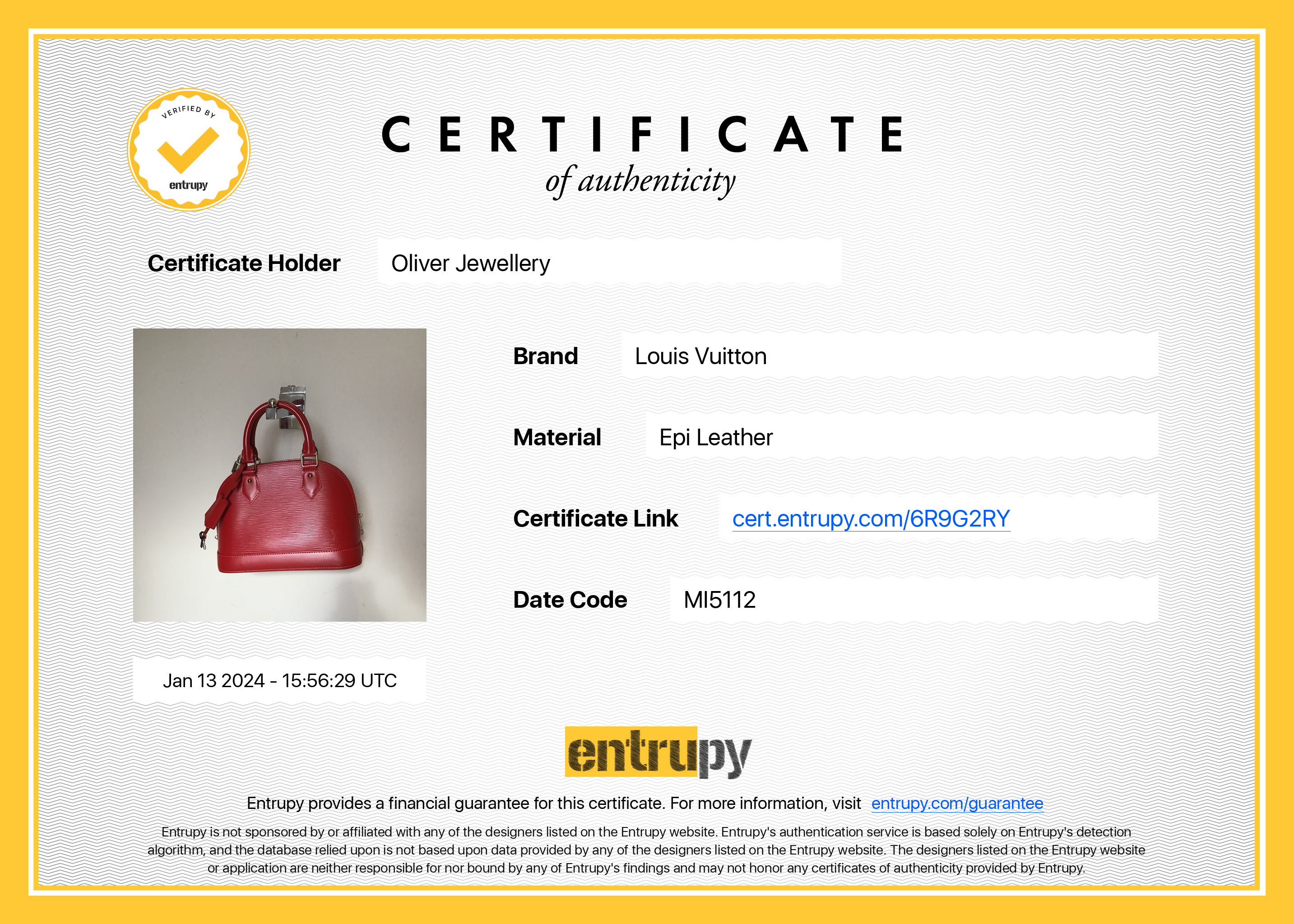 Louis Vuitton Red Epi Leather Alma BB w/ Strap & Receipt