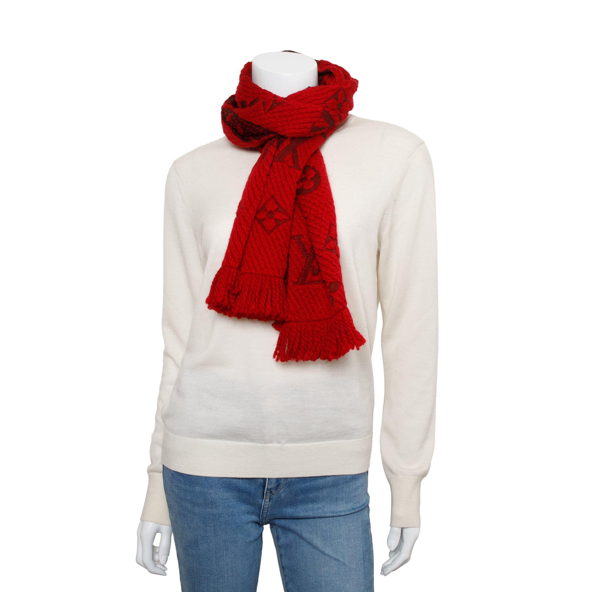 Louis Vuitton Red Monogram Logomania Wool Scarf