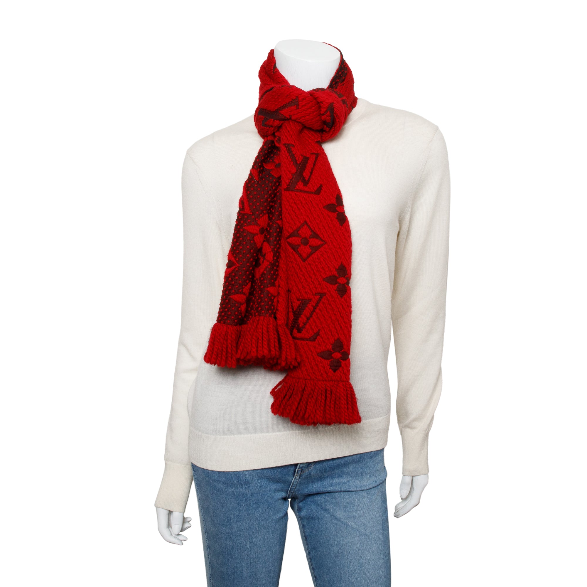 Louis Vuitton Red Monogram Logomania Wool Silk Scarf w/ Box