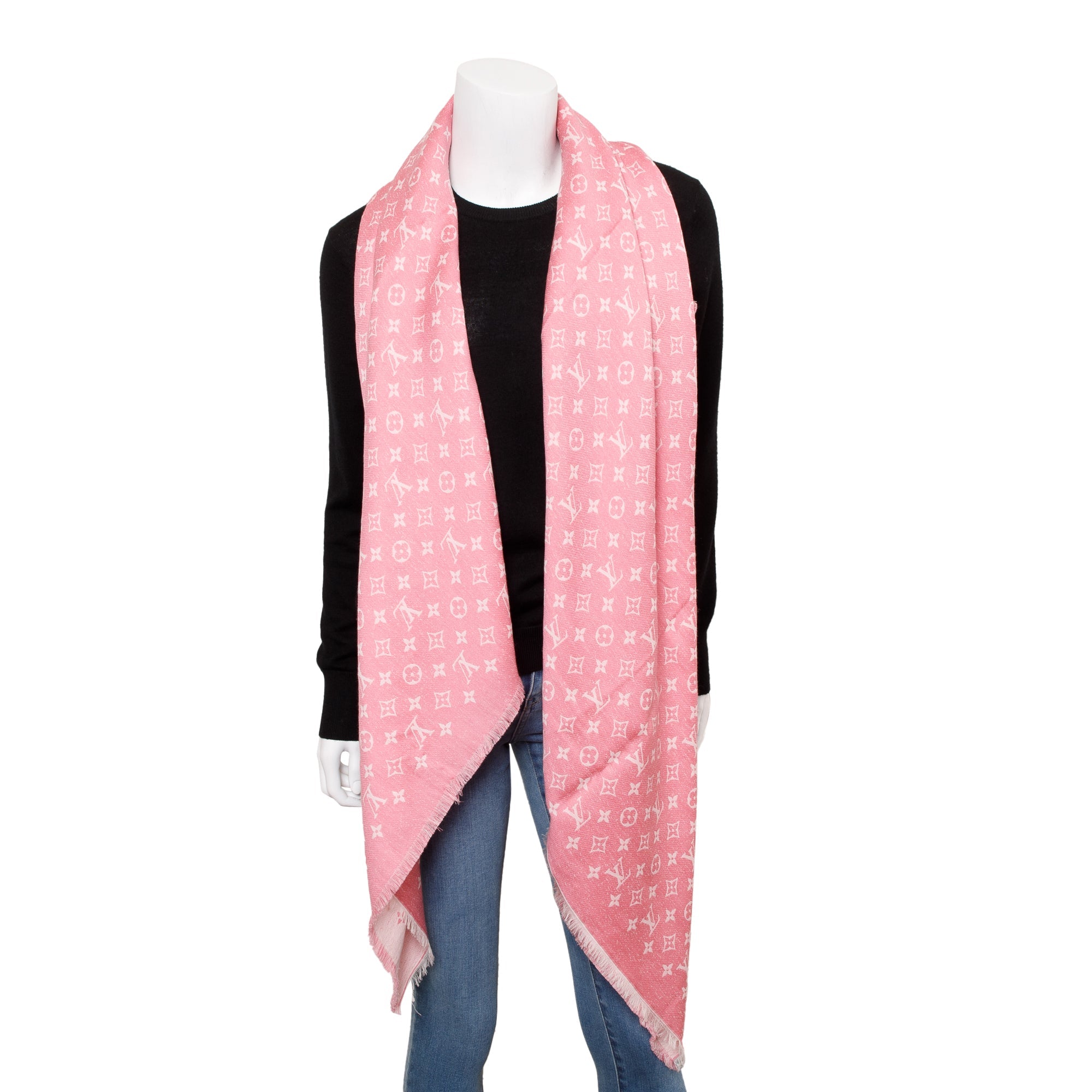 Louis Vuitton Rose Ballerine Monogram Silk/Wool My Daily Denim Shawl Scarf w/ Box