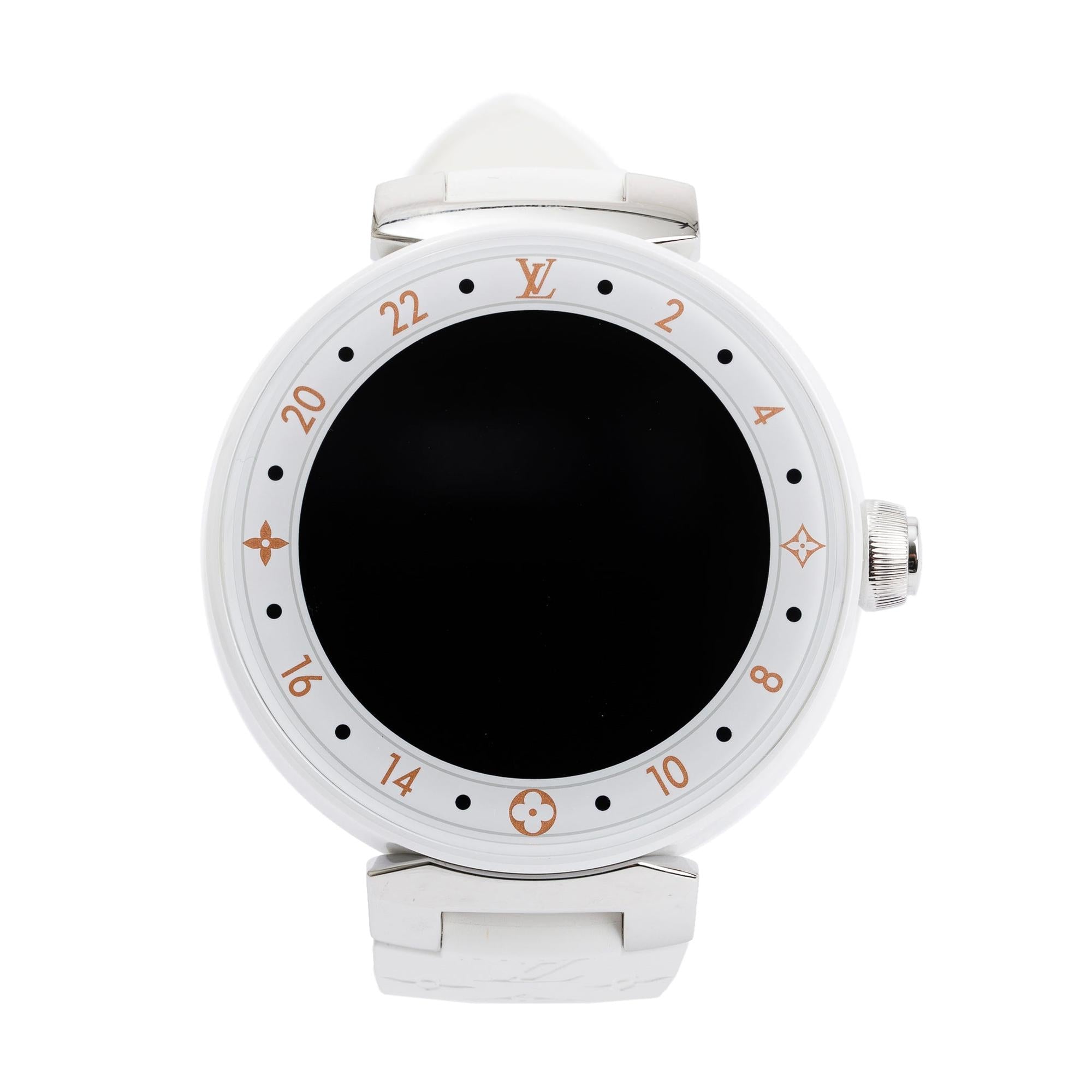 Louis Vuitton Stainless Steel White Ceramic Tambour Horizon 44 MM Digital Smart Watch w/ Box & Papers