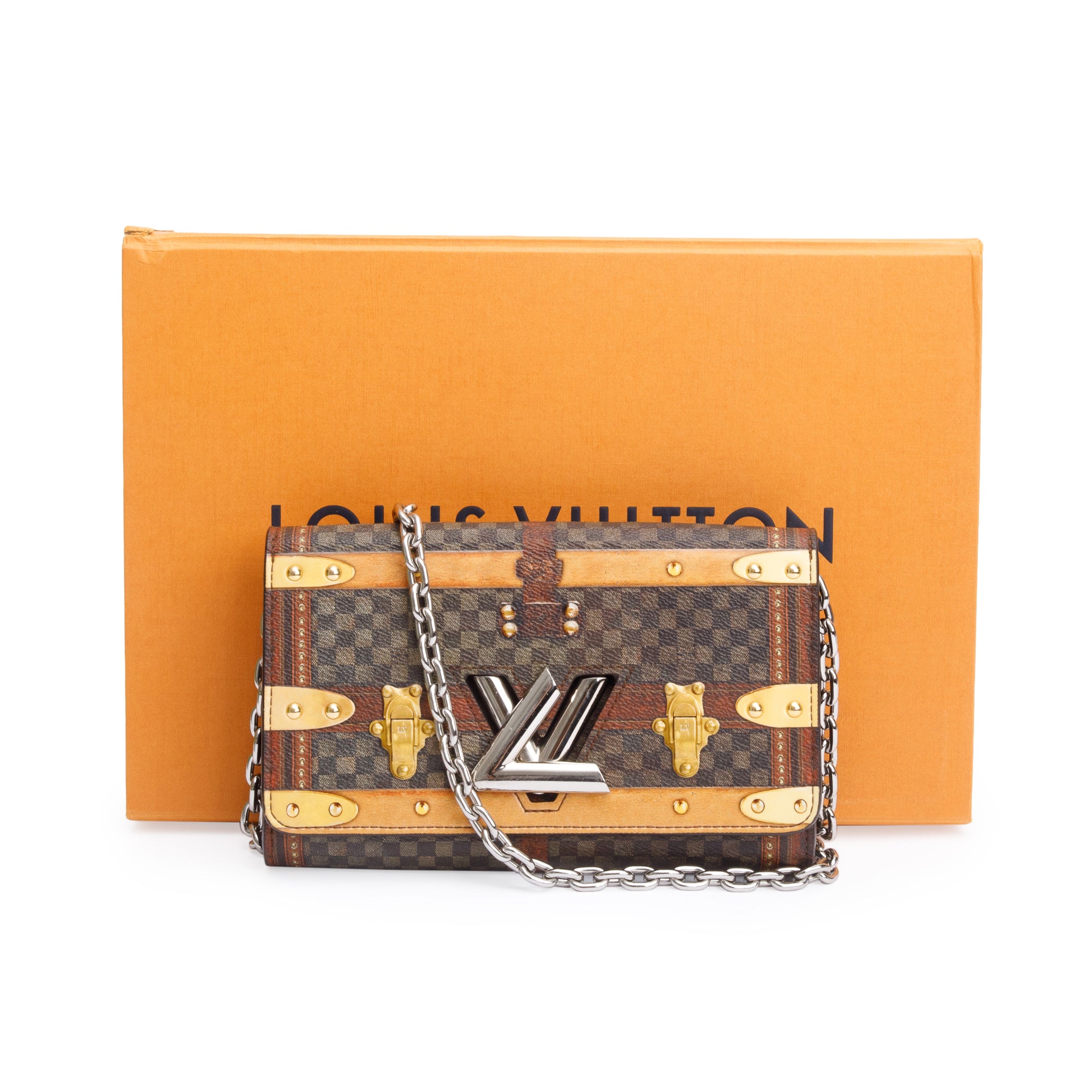 Louis Vuitton Transformed Damier Ebene Time Trunk Twist Chain Wallet w/ Box