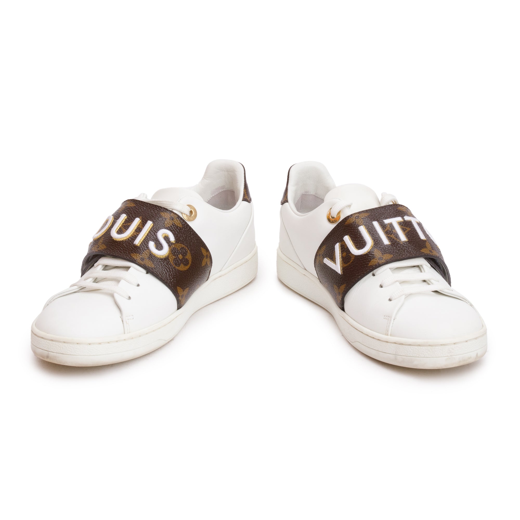 Louis Vuitton White Calfskin Leather Monogram Canvas Frontrow Sneakers, Size 36