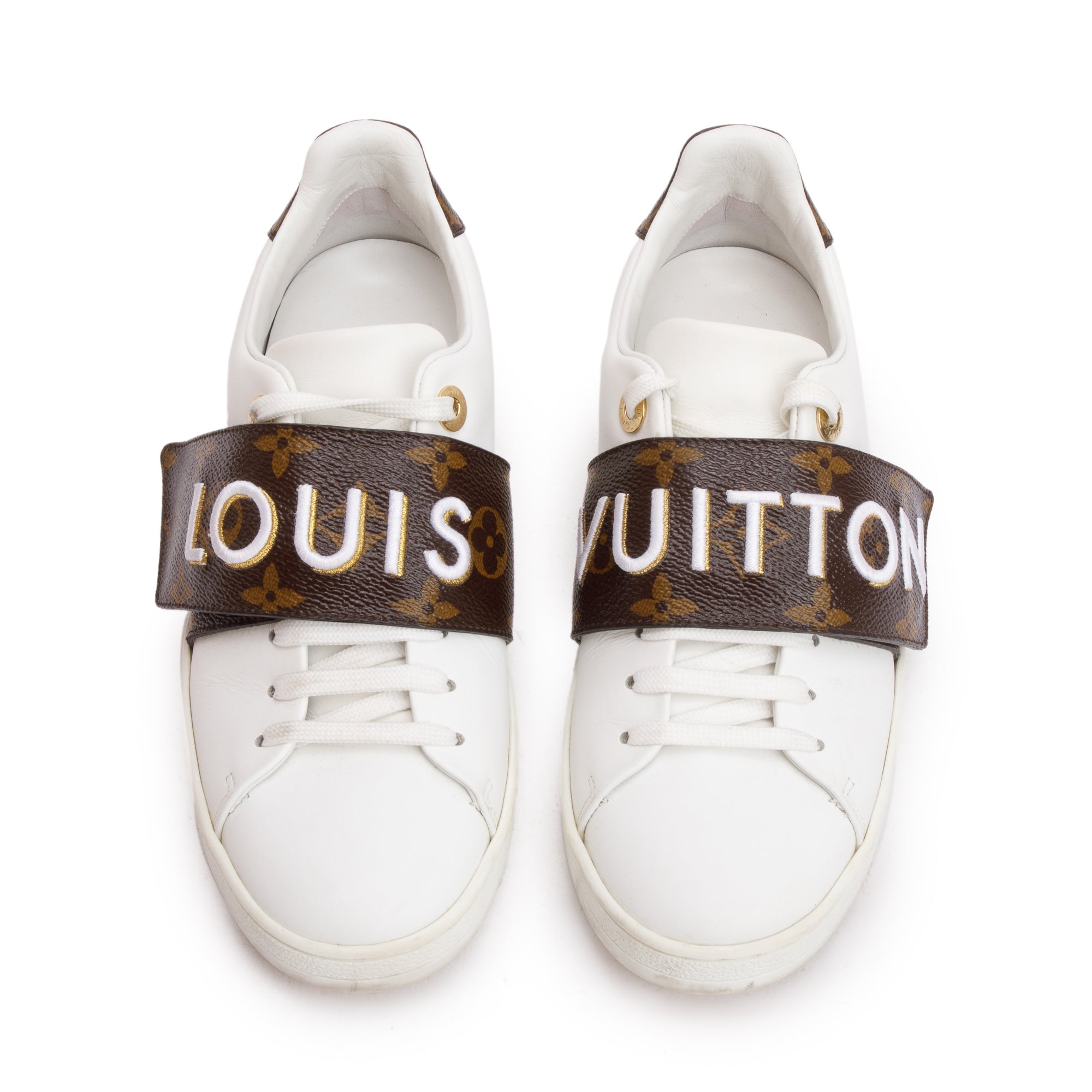 Louis Vuitton White Calfskin Leather Monogram Canvas Frontrow Sneakers, Size 36