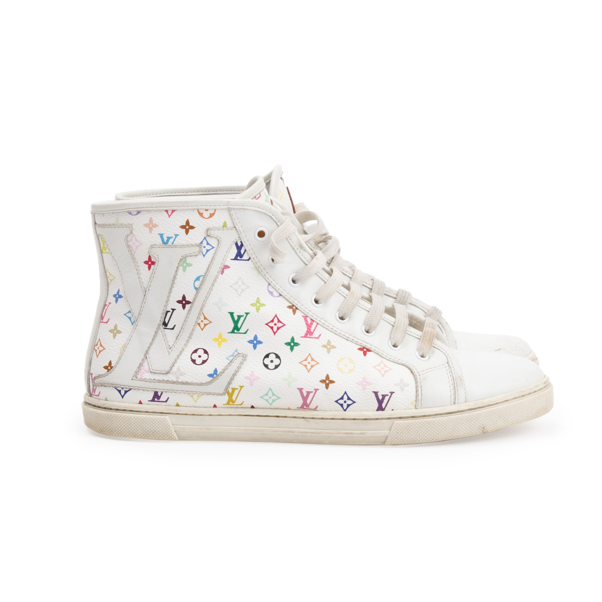 Louis Vuitton White Monogram Multicolor High Top Sneakers, Size 37 w/ Box