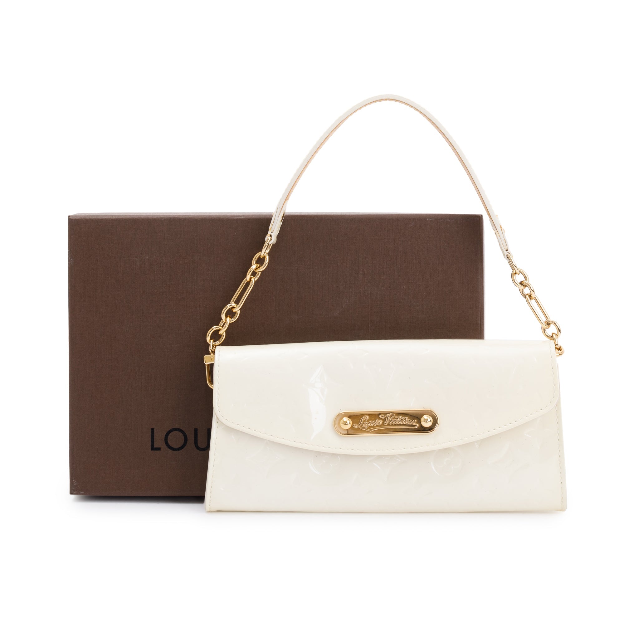 Louis Vuitton White Monogram Vernis Leather Sunset Boulevard Clutch w/ Box
