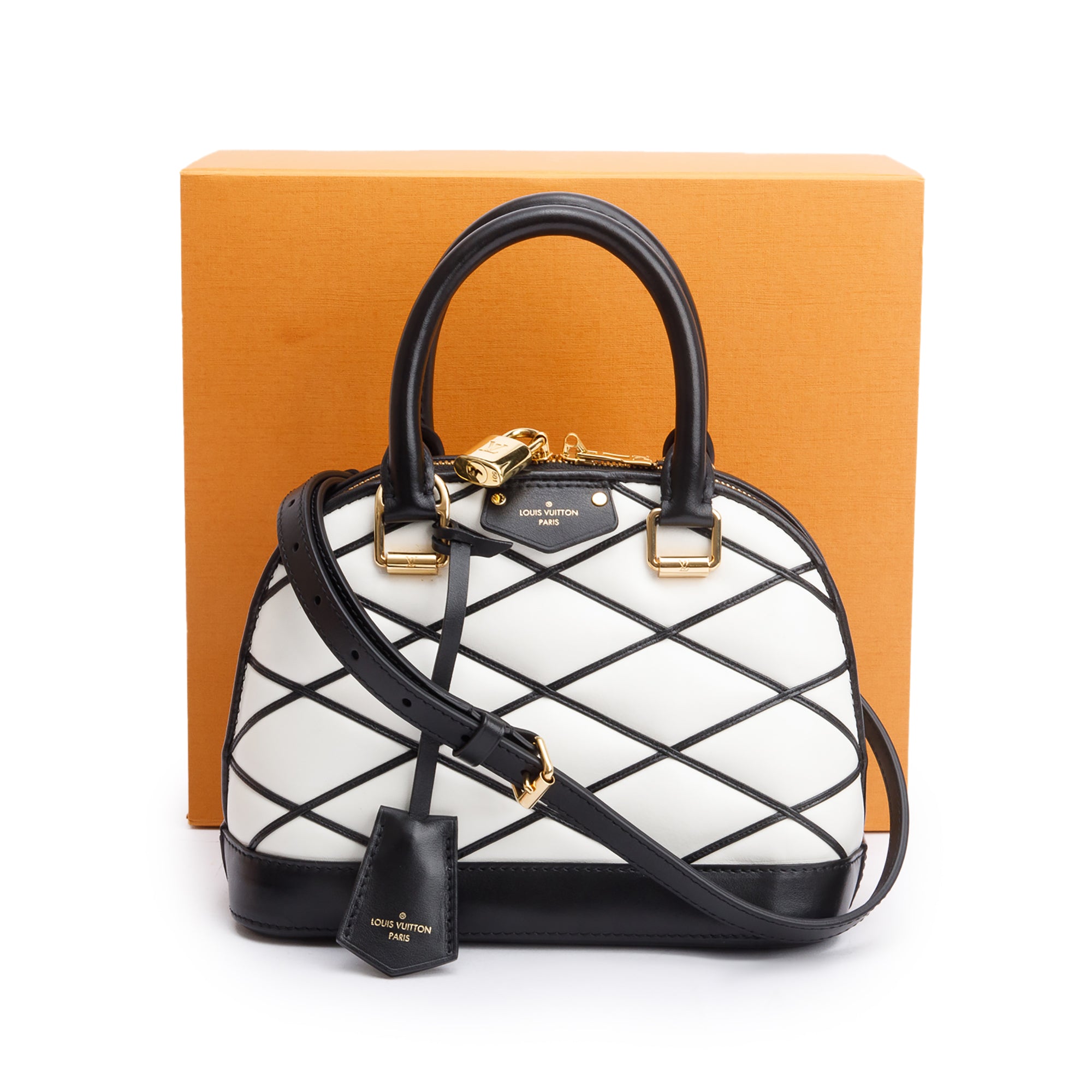 Louis Vuitton White/Black Malletage Leather Alma BB w/ Strap & Box