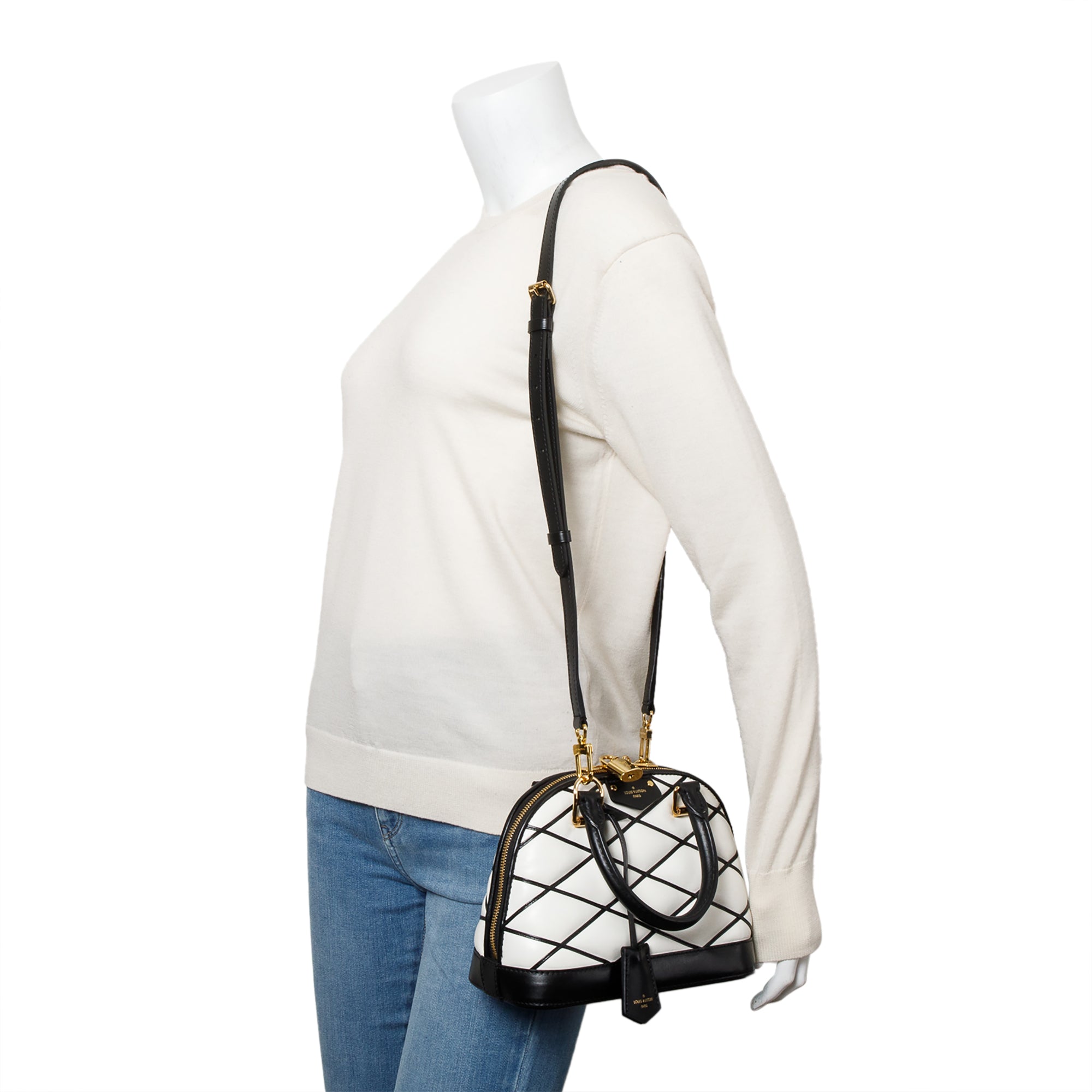 Louis Vuitton White/Black Malletage Leather Alma BB w/ Strap & Box