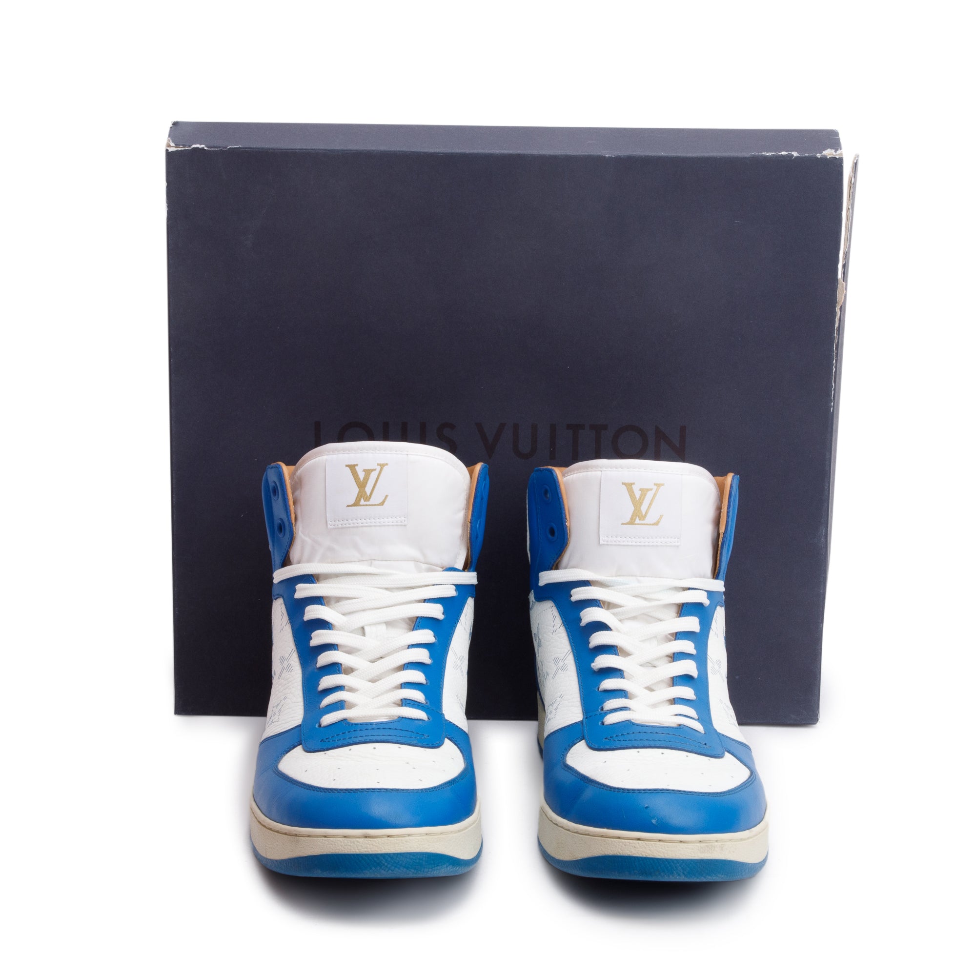Louis Vuitton White/Blue Monogram Leather Rivoli High-Top Sneakers, Size 8.5 w/ Box