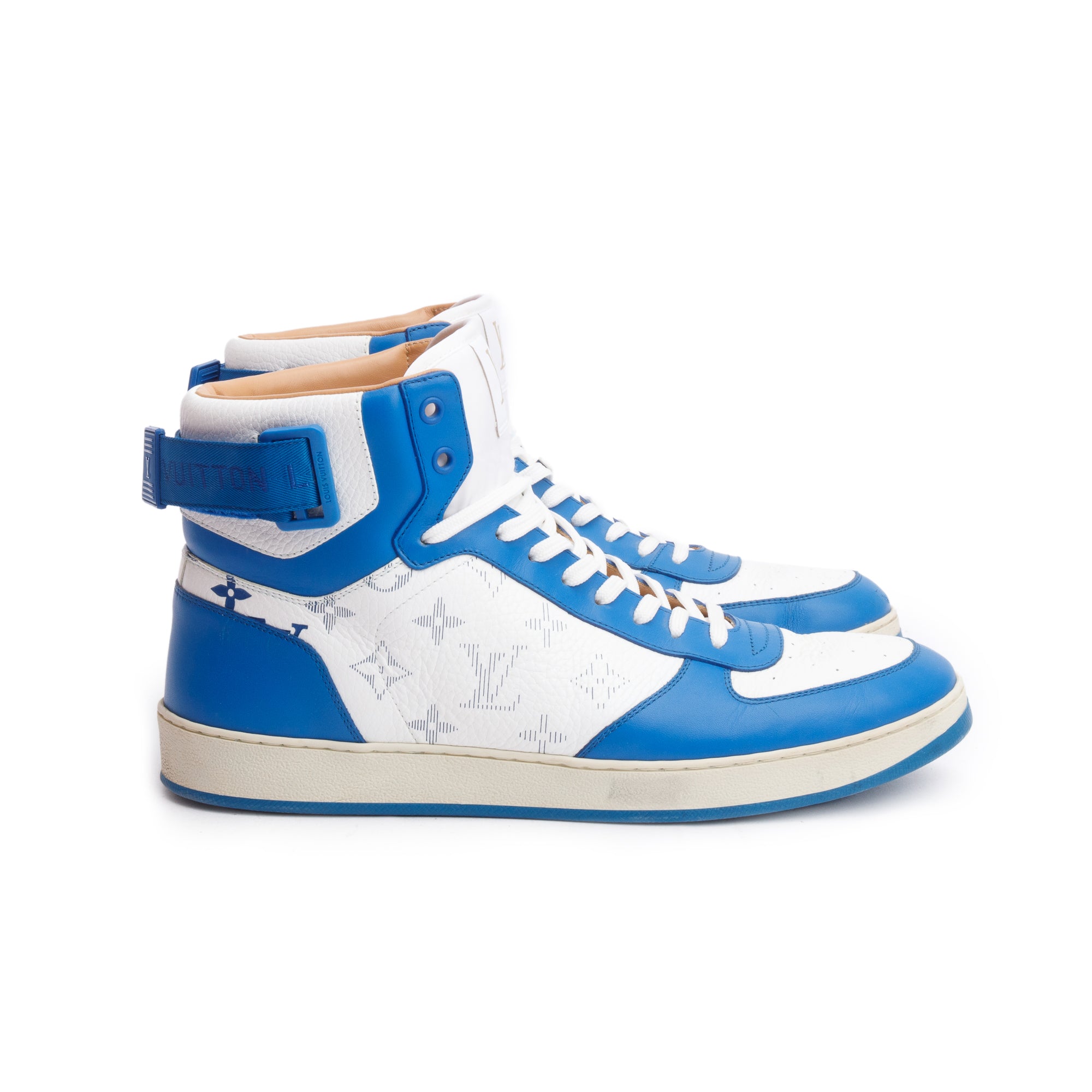 Louis Vuitton White/Blue Monogram Leather Rivoli High-Top Sneakers, Size 8.5 w/ Box