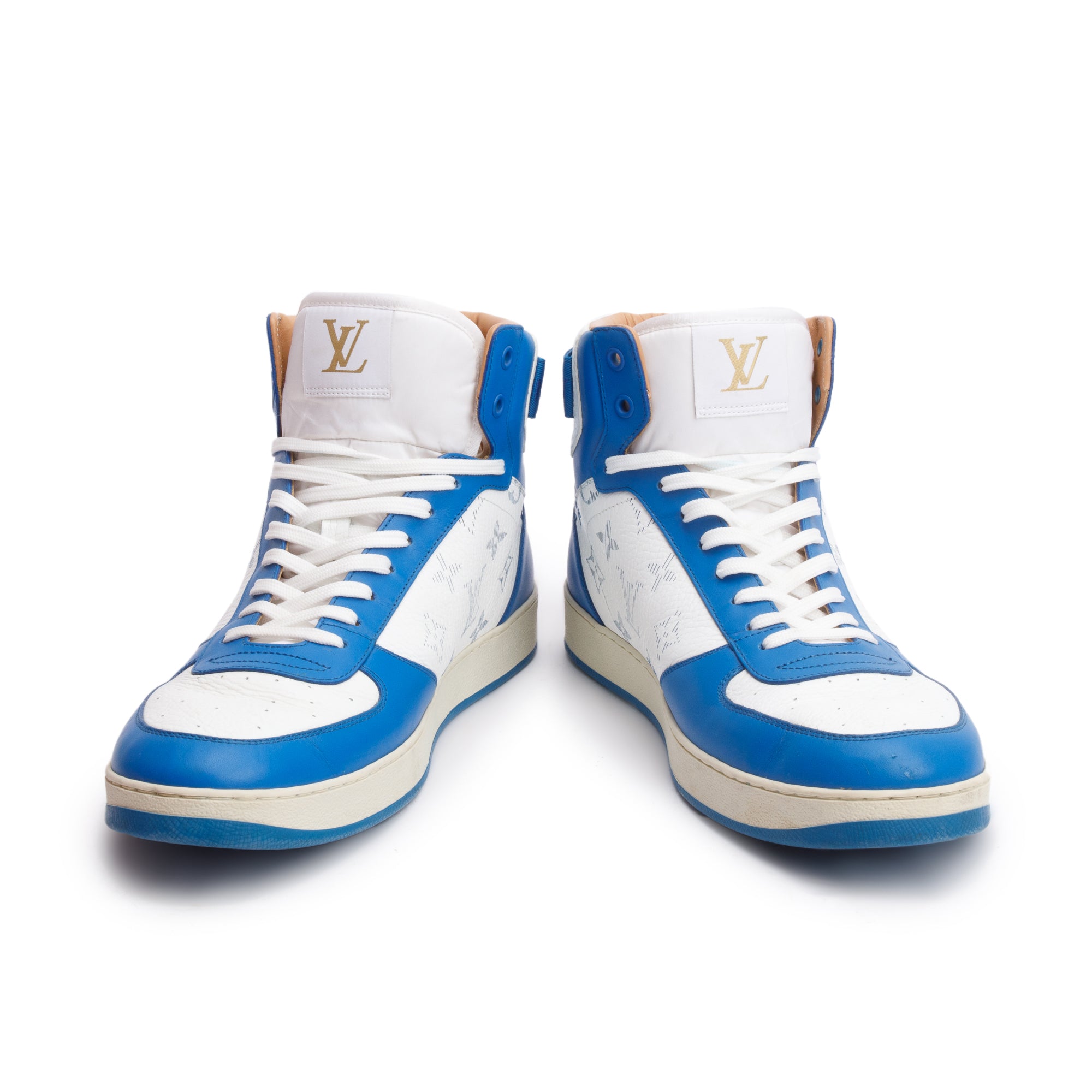Louis Vuitton White/Blue Monogram Leather Rivoli High-Top Sneakers, Size 8.5 w/ Box