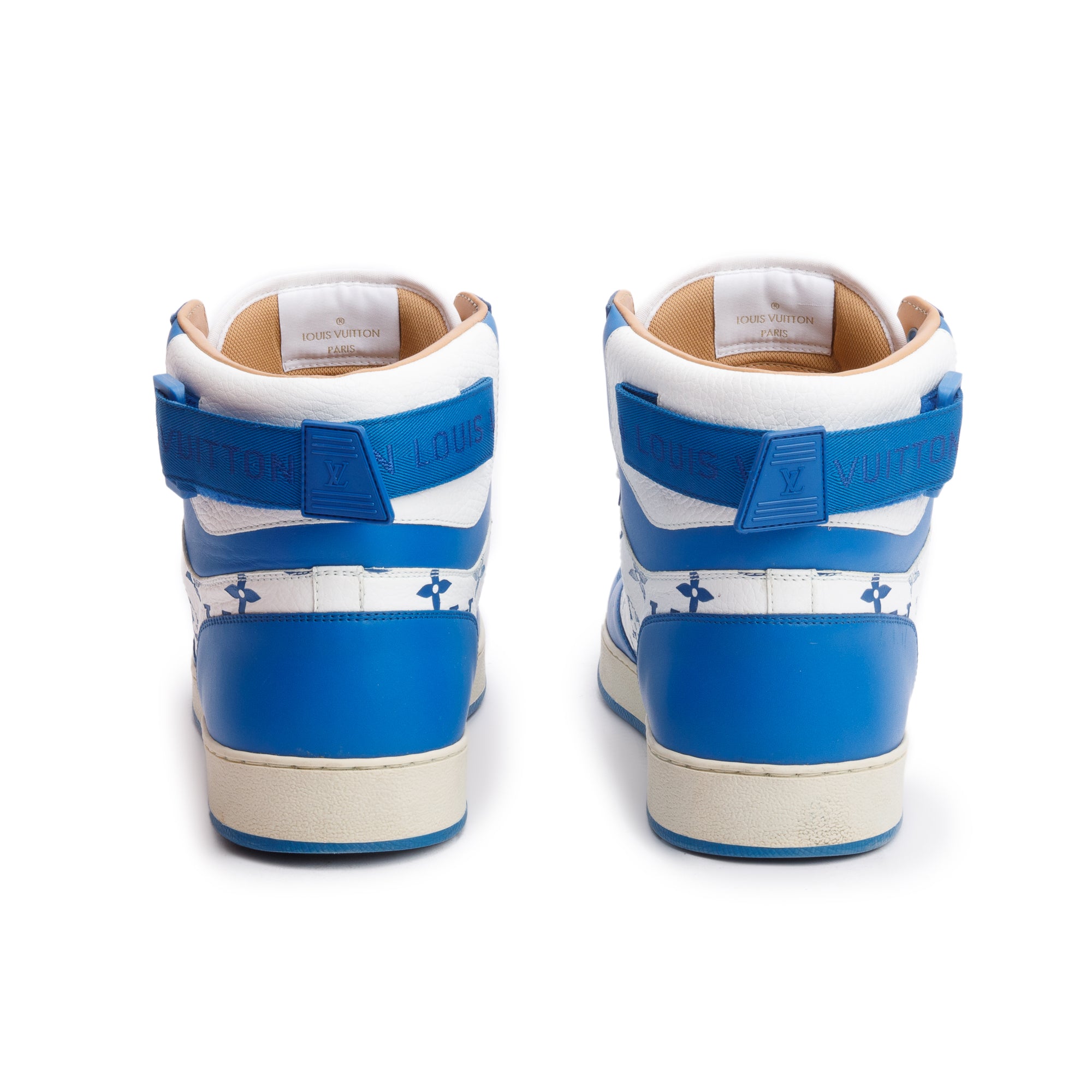 Louis Vuitton White/Blue Monogram Leather Rivoli High-Top Sneakers, Size 8.5 w/ Box