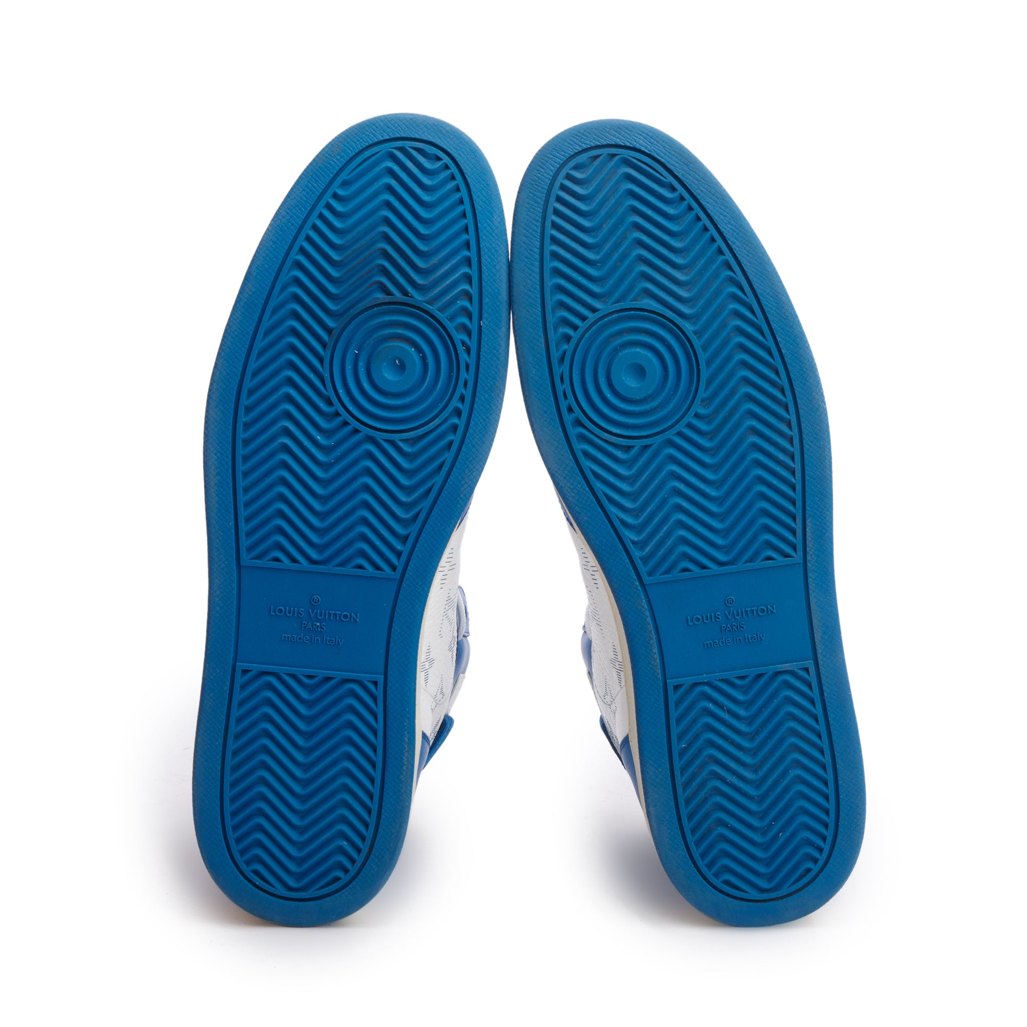 Louis Vuitton White/Blue Monogram Leather Rivoli High-Top Sneakers, Size 8.5 w/ Box