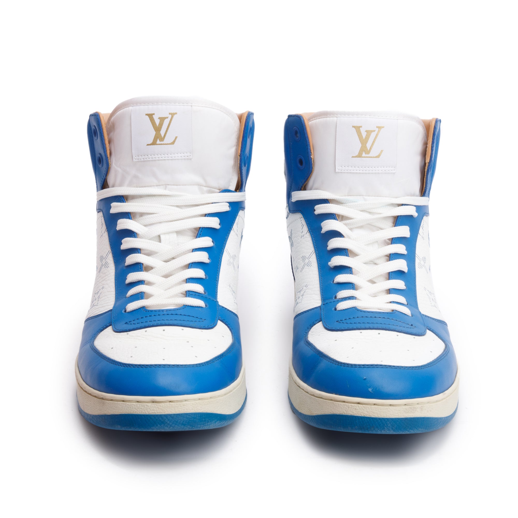 Louis Vuitton White/Blue Monogram Leather Rivoli High-Top Sneakers, Size 8.5 w/ Box