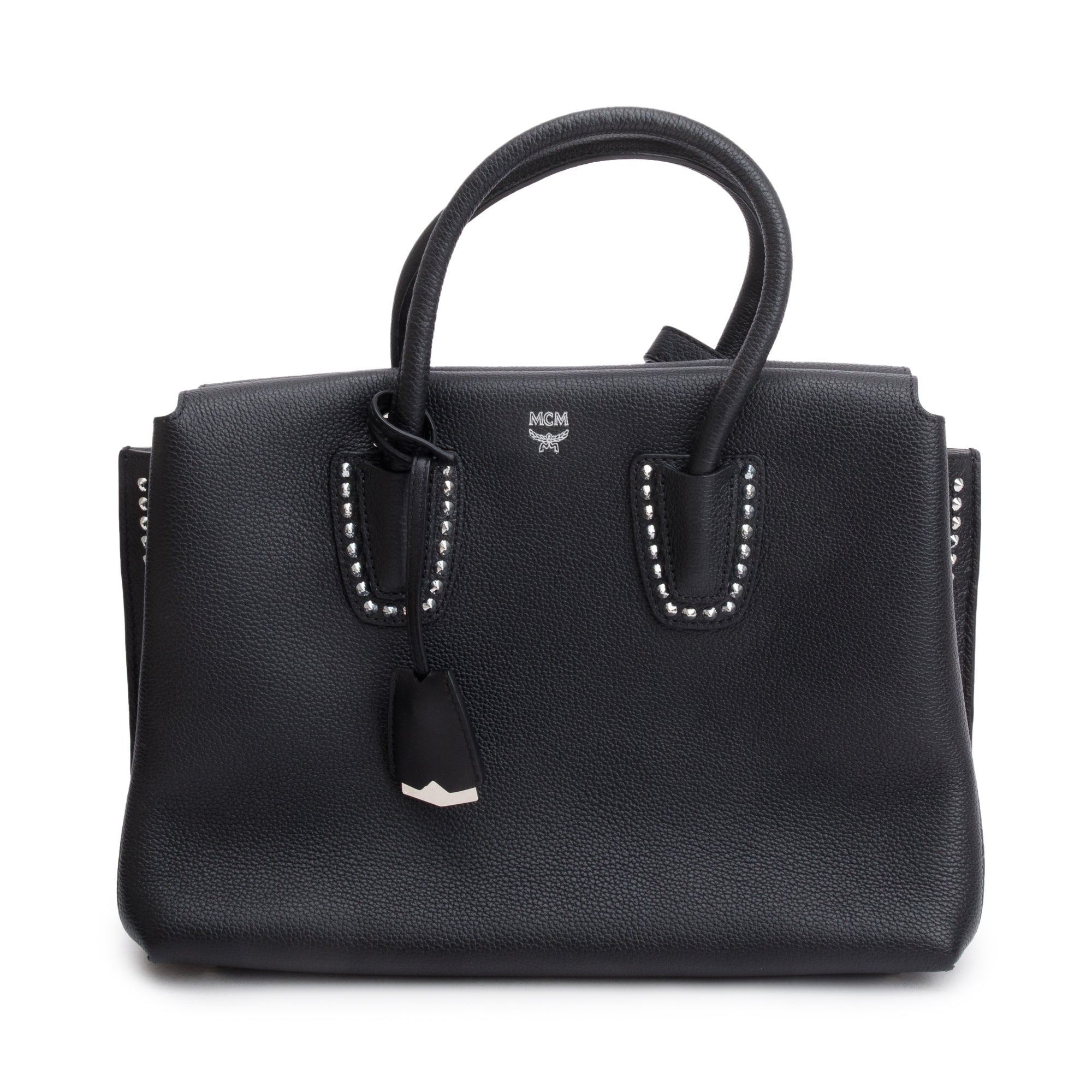 MCM Black Calfskin Leather Studded Medium Milla Tote w/ Strap