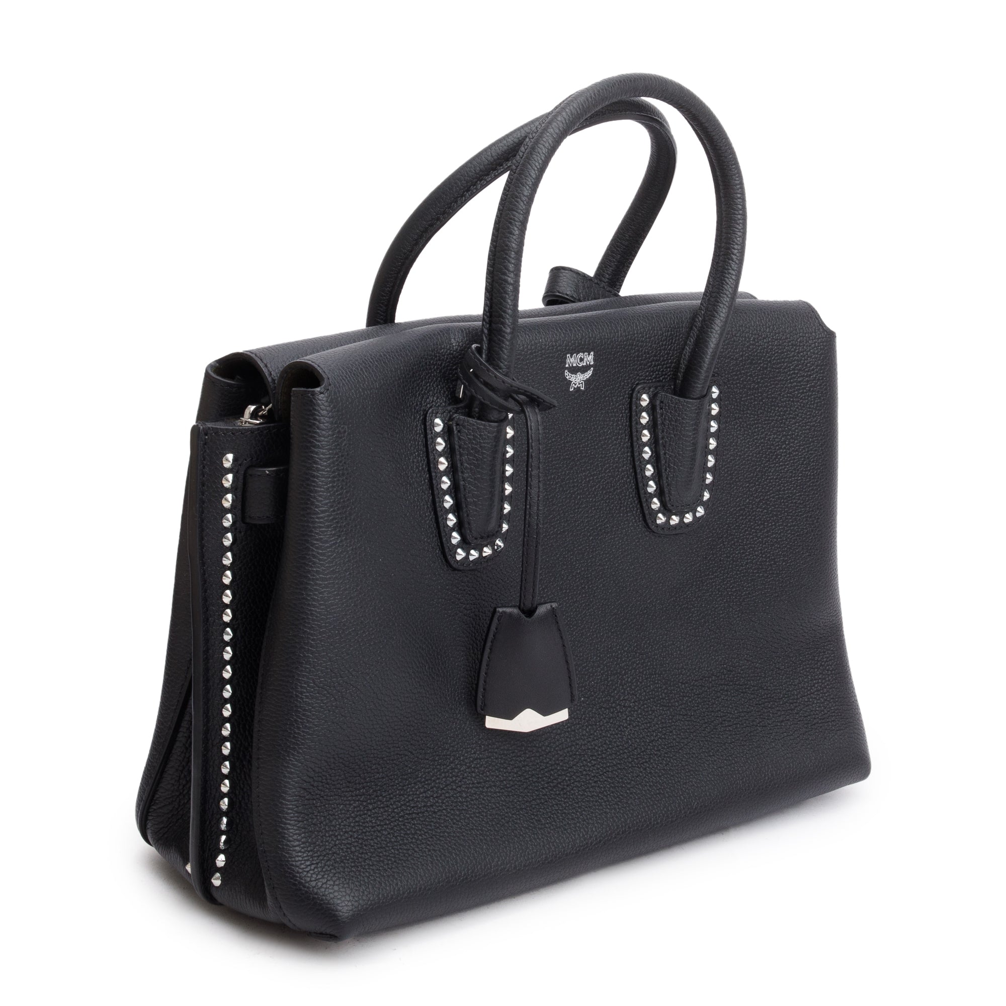 MCM Black Calfskin Leather Studded Medium Milla Tote w/ Strap
