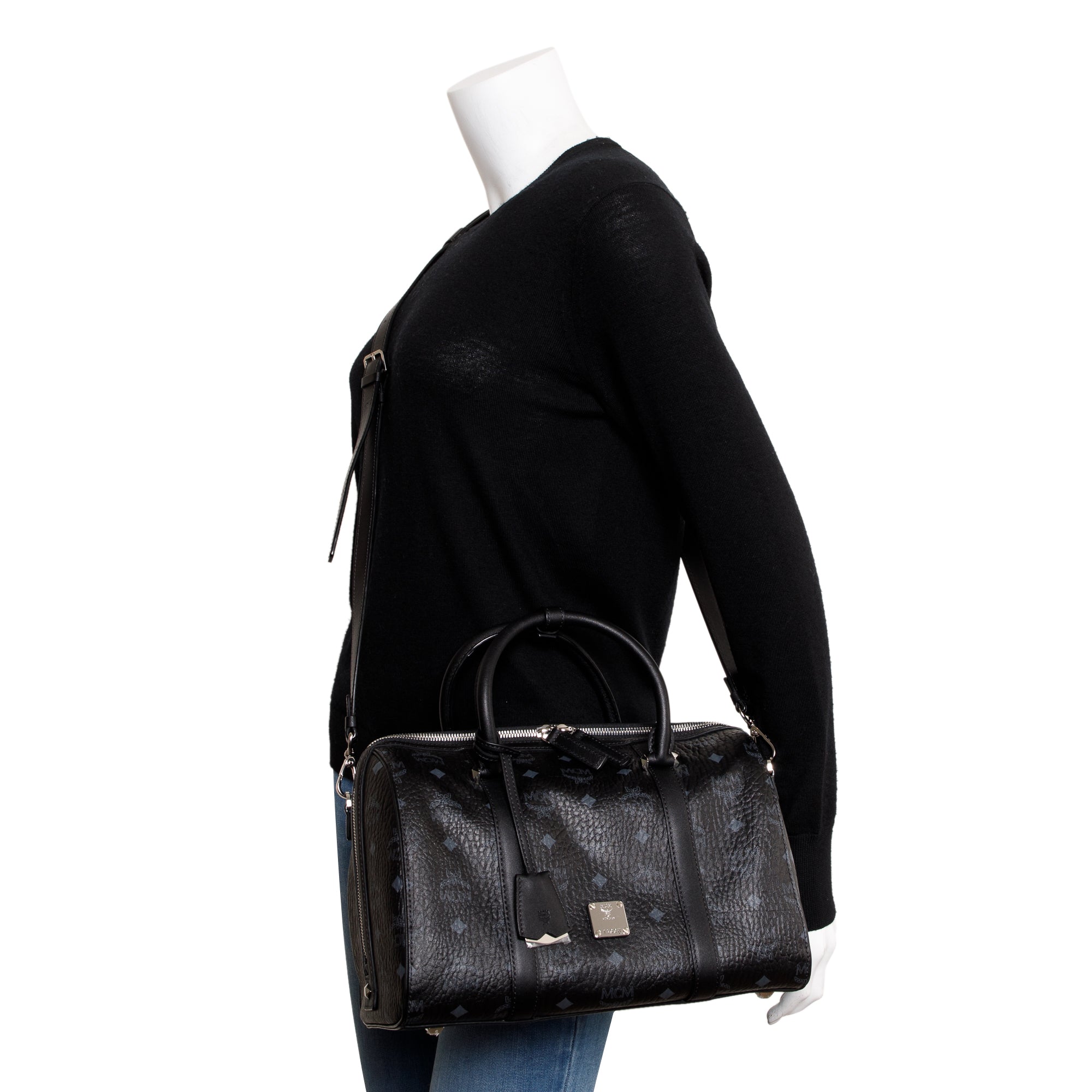 MCM Black Visetos Coated Canvas Boston Bag w/ Strap