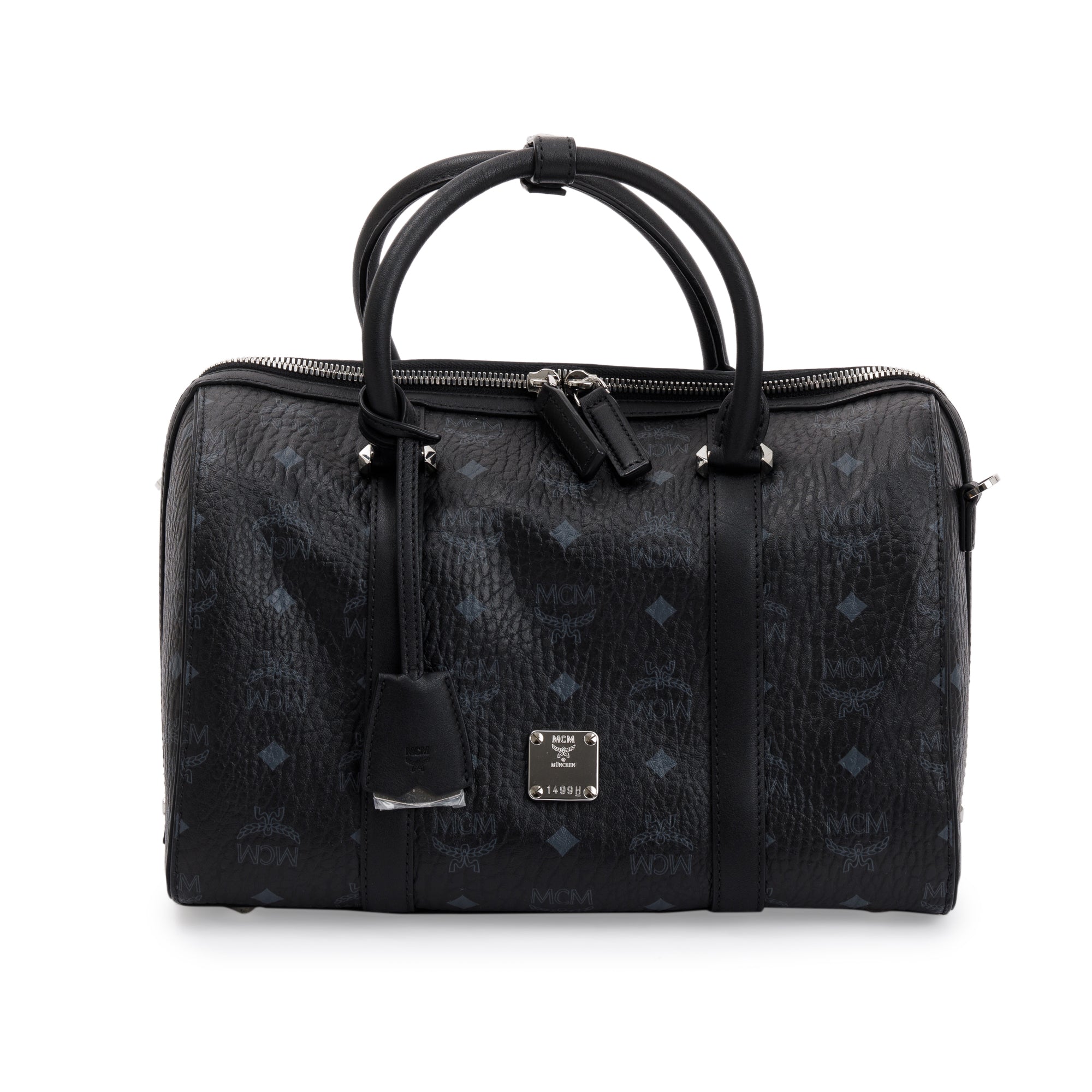 MCM Black Visetos Coated Canvas Boston Bag w/ Strap