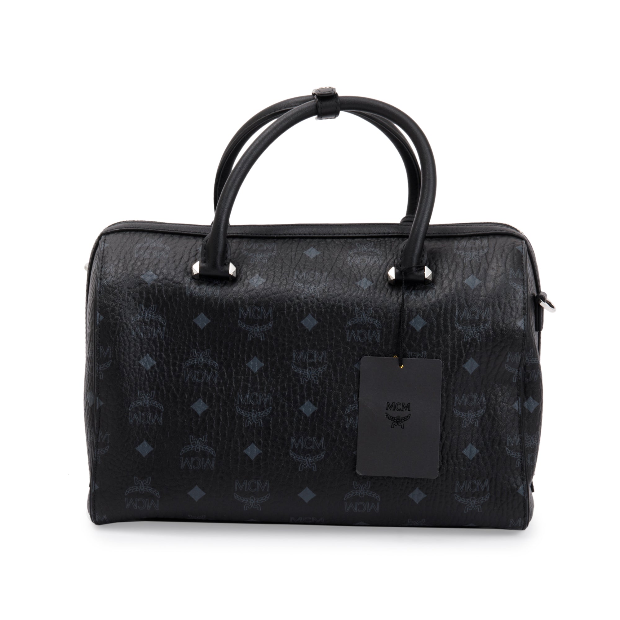 MCM Black Visetos Coated Canvas Boston Bag w/ Strap